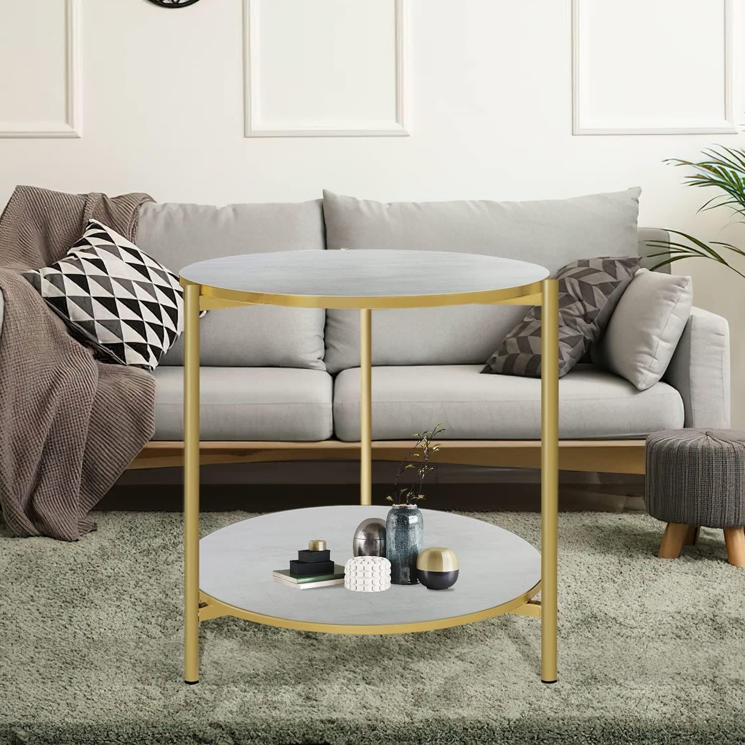 JIFULI Round Coffee Table 17in Faux Marble Coffee Table, 2 Tier Circular Living Room Table, Double-Layered Marble Print Accent Table-Gray
