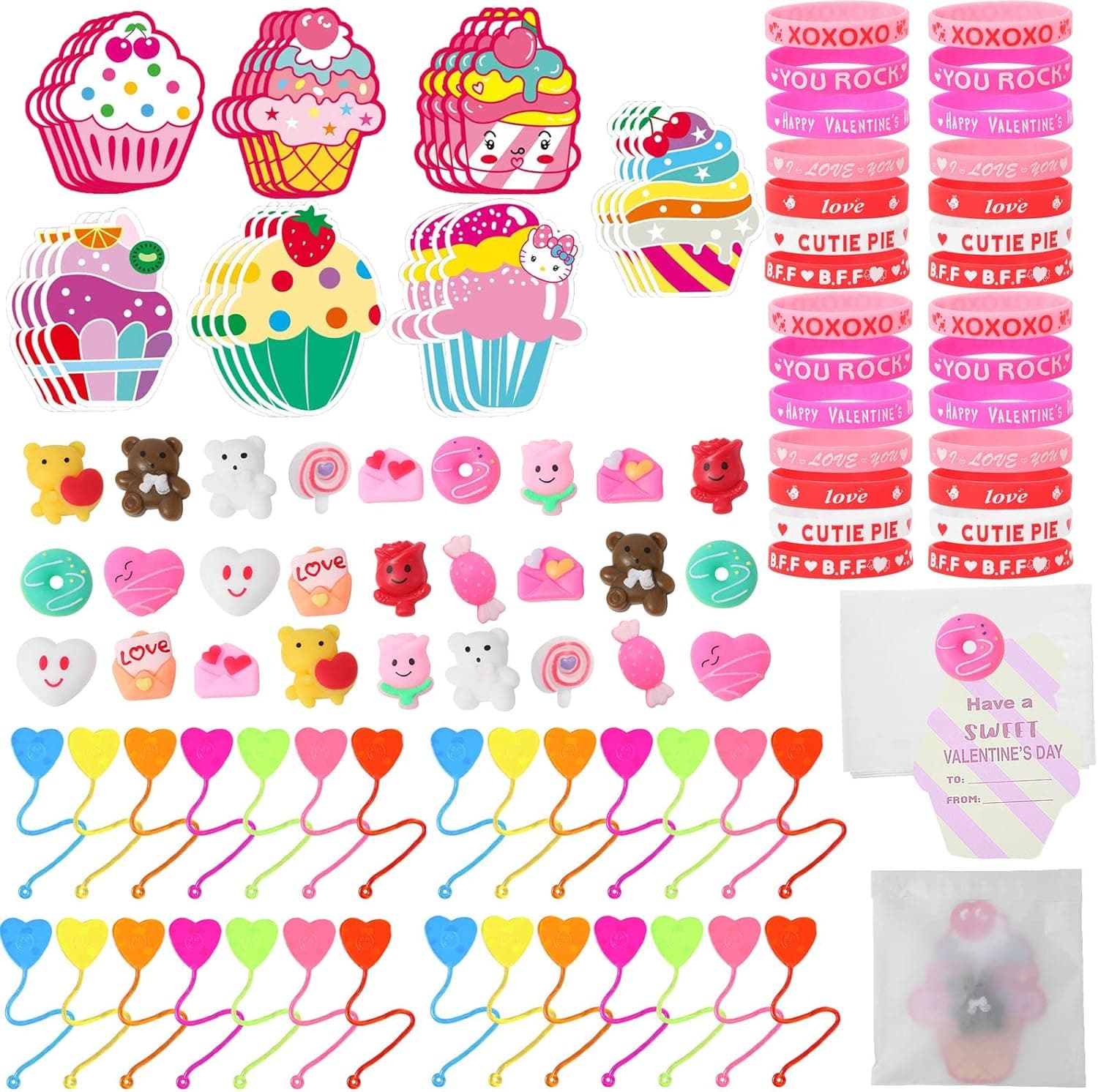 Mchochy 84 Pcs Valentines Toys Include Squishy Toys Heart Sticky Hands Rubber Wristbands with Valentines Day Cards for Kids Boys Girls Valentine Party Favors Valentine School Classroom Exchange Gift