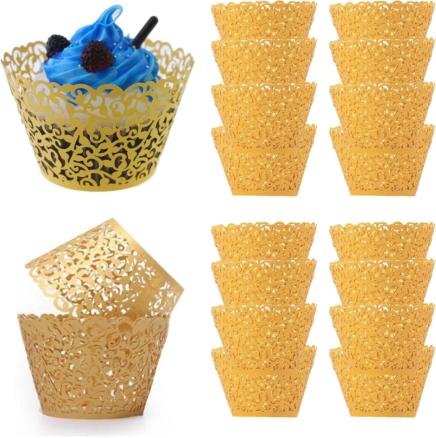 WSERE 60 Pieces Gold Cupcake Wrappers, Lace Liner Muffin Paper Cake Wraps Decorations, Safety Health for Wedding Party Birthday Decor
