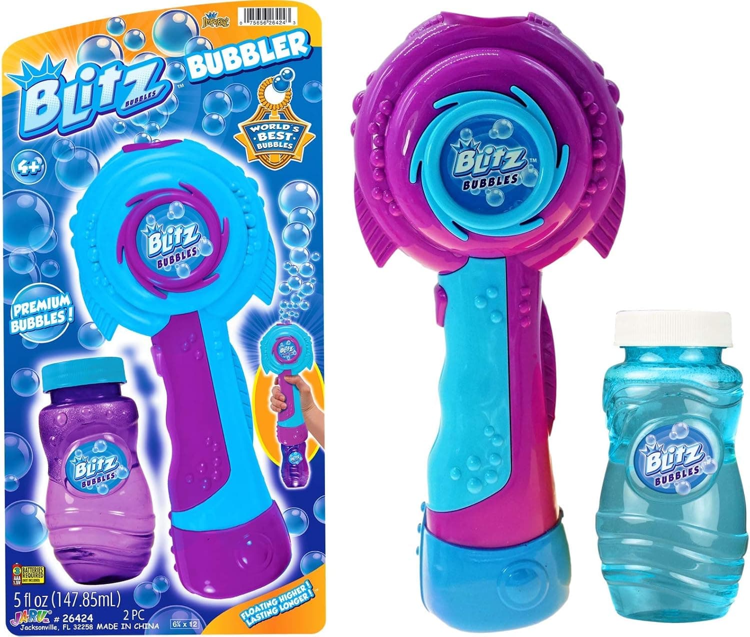 Blitz Bubble Machine Wand Electric Bubbler Blaster with Bubbles Solution (1 Pack Colors May Vary) Floats High Last Long Portable Bubble Blower for Kids Party Favors, Outdoor Toy 26424-1
