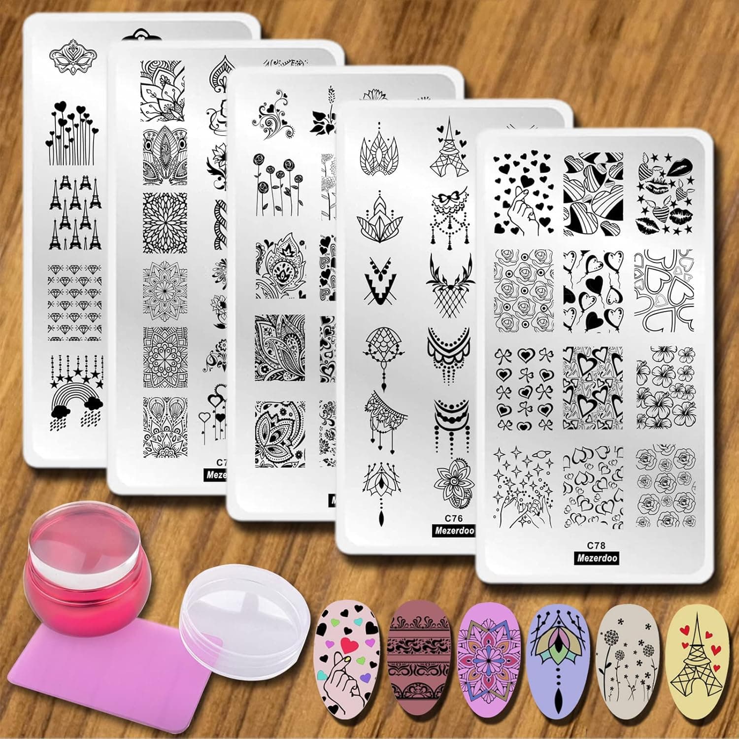 Valentine's Day Nail Stamper Kit 5Pcs Nail Stamping Plates+1 Stamper Scraper Nail Art Kit Flower Leaf Heart Star Nail Art Templates Silicone Nail Stamper Nail Charms Stencil Set Manicure Nail Supplies