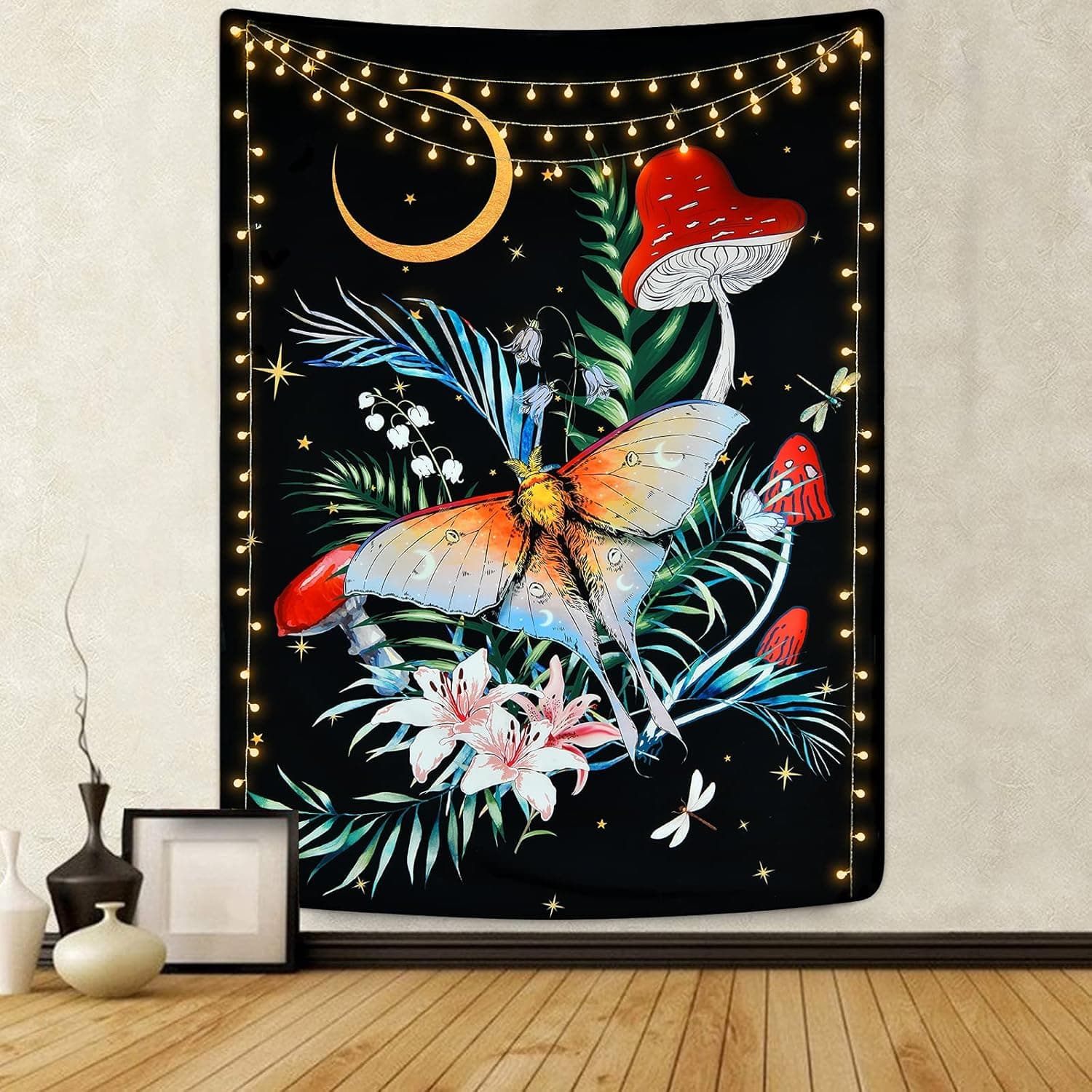Boniboni Flower and Butterfly Tapestry Floral Vertical Tapestry Moth Tapestry Moon and Stars Tapestries Black Aesthetic Tapestry Wall Hanging for Room(51.2 x 59.1 inches)