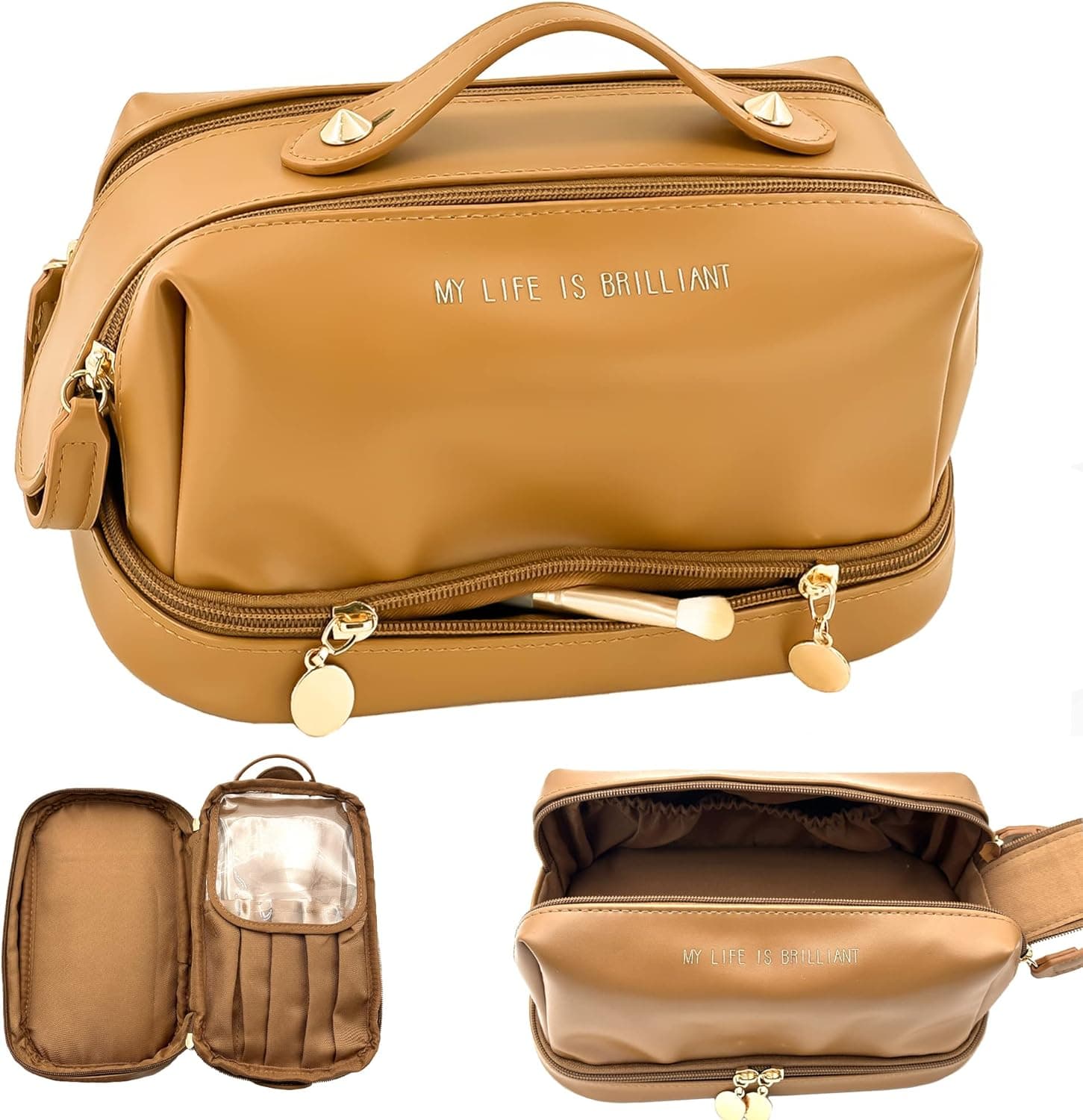 SLIFOUE Large Makeup Bag,Travel Makeup Bag,Double Layer Waterproof Portable PU Leather Cosmetic Bag,Makeup Organizer Bag,Toiletry Bag for Women and Girls (Brown)