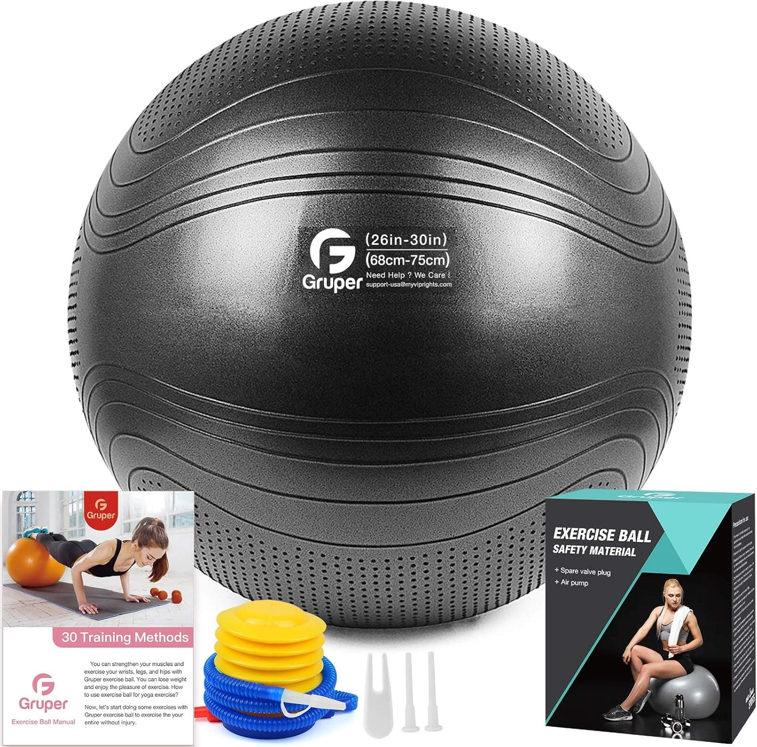 Gruper Yoga Ball,45-75cm Extra Thick Exercise Ball for Workout Fitness Balance - Anti Burst Yoga Chair for Home and Office -Includes Hand Pump & Workout Guide Access