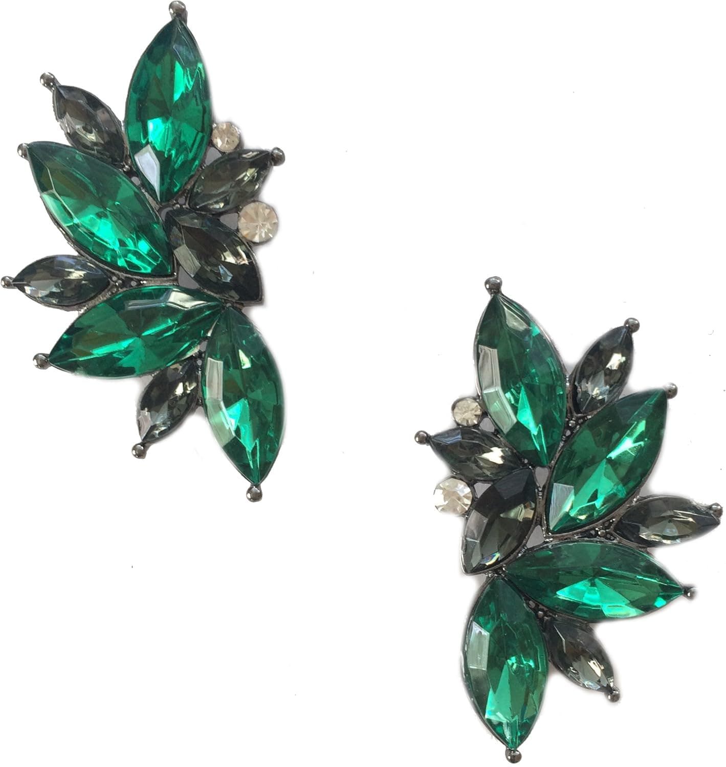Art Deco Antique Vintage Style Dark Green Emerald Rhinestone Cluster Earrings