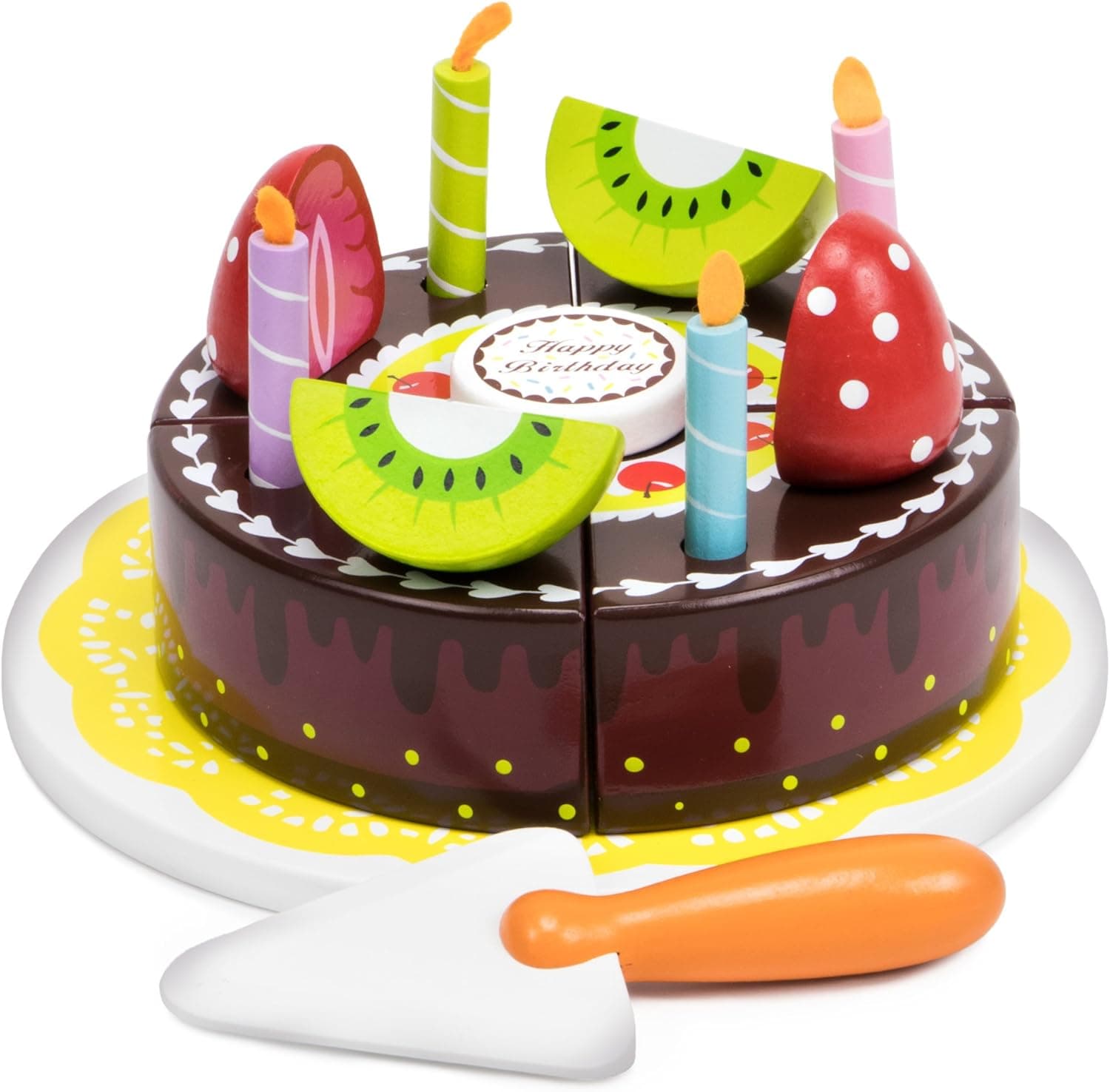 15 Piece Wood Happy Birthday Cake Set| Cake, Candles, Fruits, Serving Tool & Tray|Party Roleplaying for Kids| Chocolate Cake