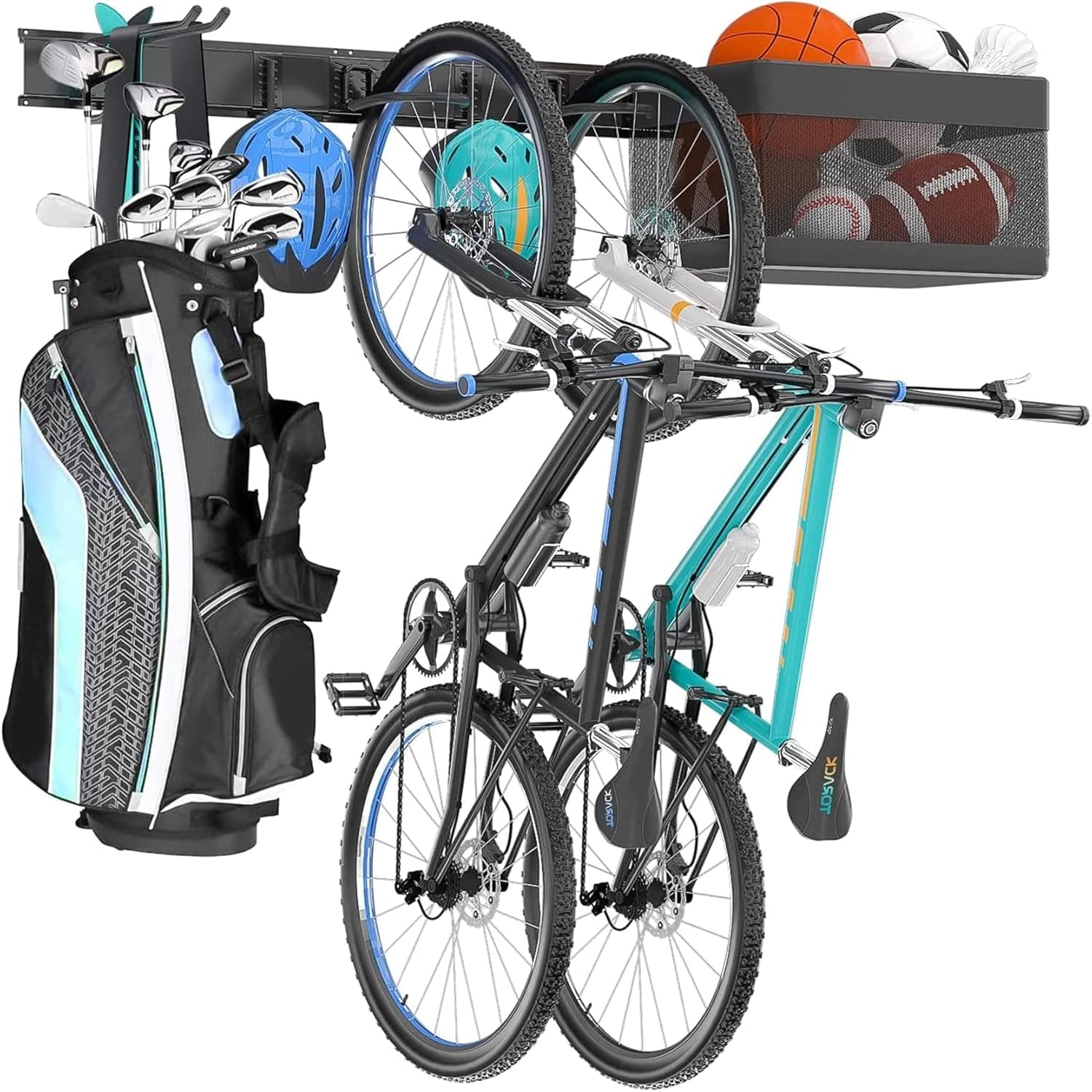 TORACK 64 Inch Wall Mount Sports Equipment Organizer Rack with Ball Storage Basket, Garage 2 Bikes and 2 Helmets Storage Rack, Utility Rack for Skis, Bats, Rackets
