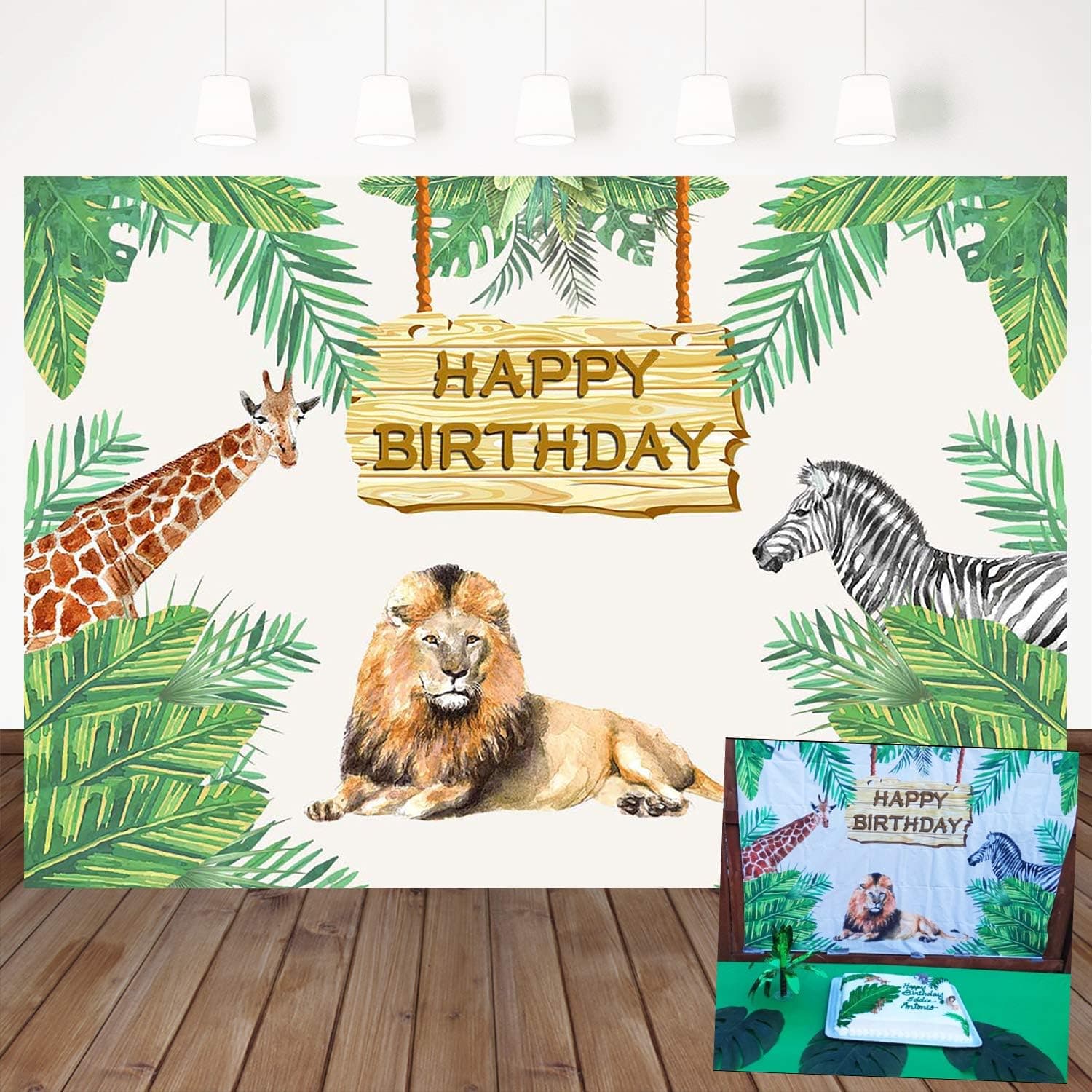 Mehofoto Jungle Animal Happy Birthday Backdrop Green Jungle Birthday Party Decorations 7X5ft Vinyl Tiger Giraffe Birthday Party Supplies Background Photo Studio Props