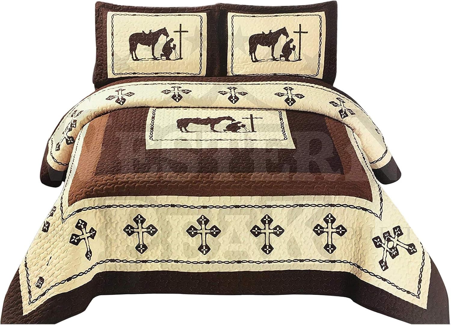 Western Peak Praying Cowboy Horse Barb Wire Star Cabin Lodge Luxury Quilt Bedspread Coverlet Comforter 3 Piece Beige Brown Set (Beige Queen)