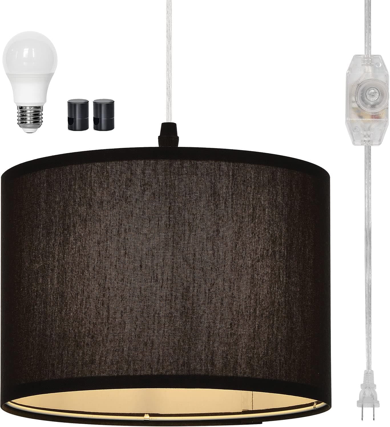 Plug in Pendant Light, Hanging Light with Plug in Cord, Hanging Lamp with Black Fabric Shade, Dimmer Switch & 15FT Cord, Hanging Light Fixture for Living Room Bedroom (2 Swag Hook & Bulb Included)