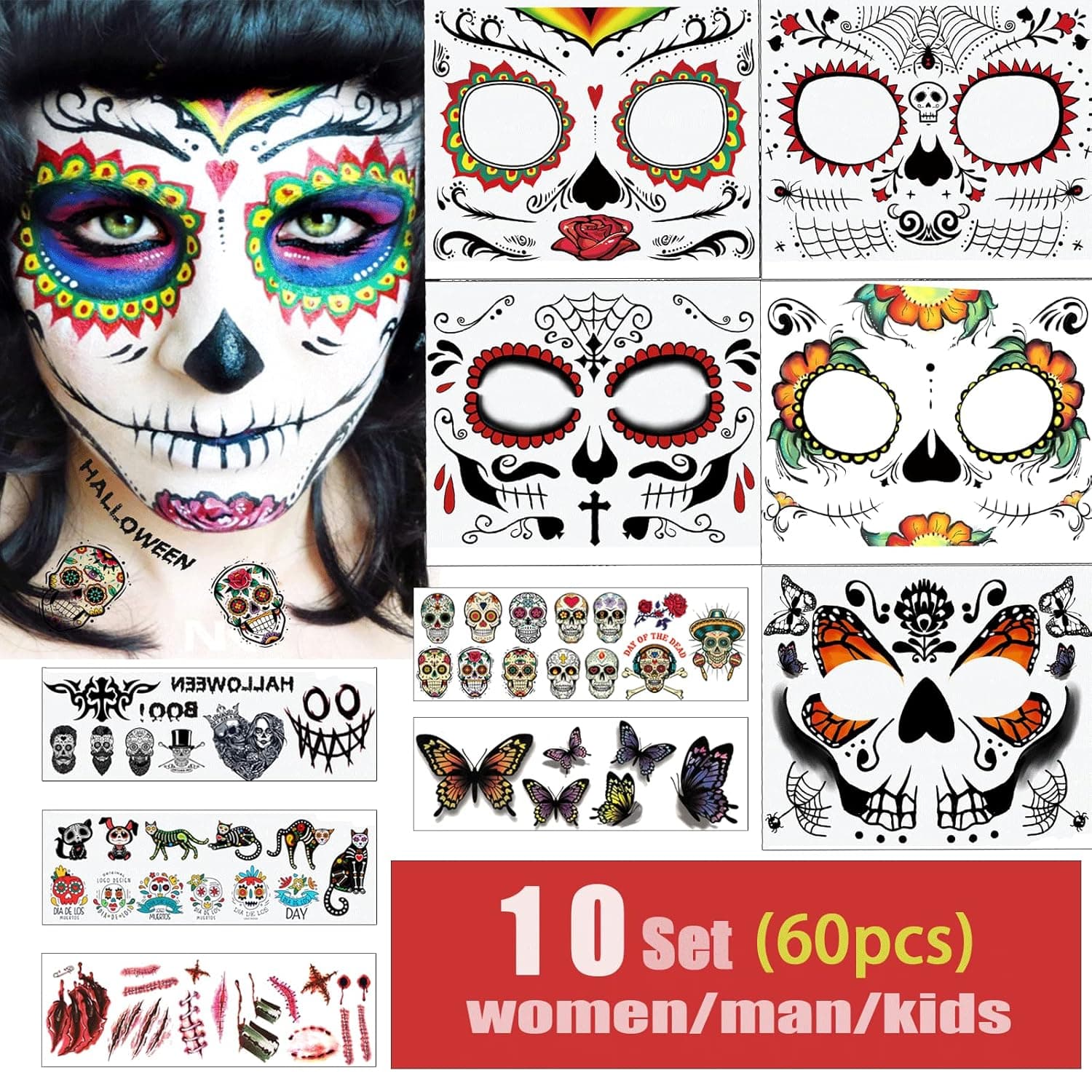 BenRan 60 Pcs Day of the Dead Face Tattoos, (2022 NEW)Skull Halloween Temporary Face Tattoo, Día de Los Muertos Skeleton Fake Face Tattoos Makeup for Men Women Kids Halloween Makeup