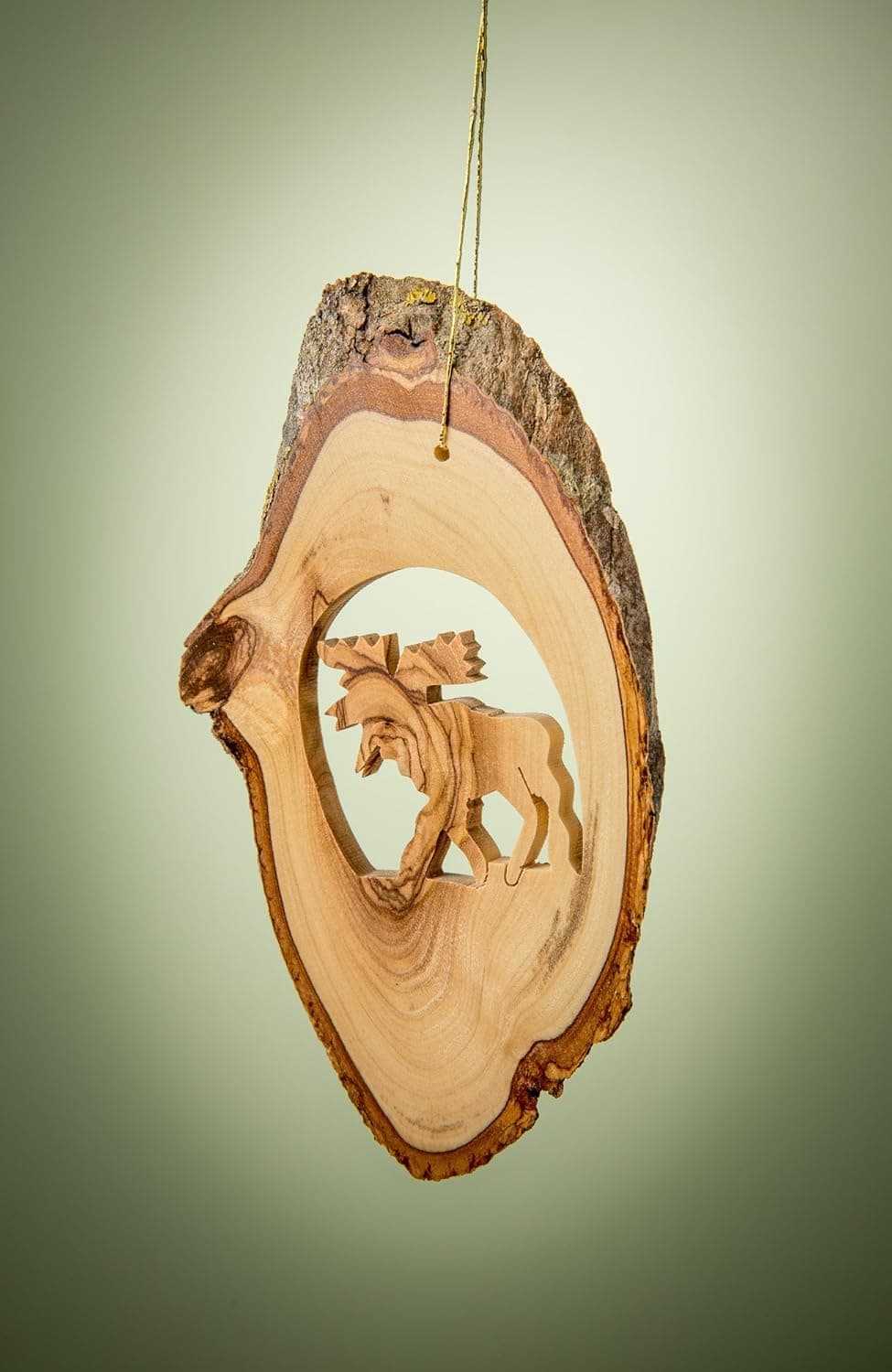 Ornament-Olive Wood-Bark Slice With Moose (4 To 6 )
