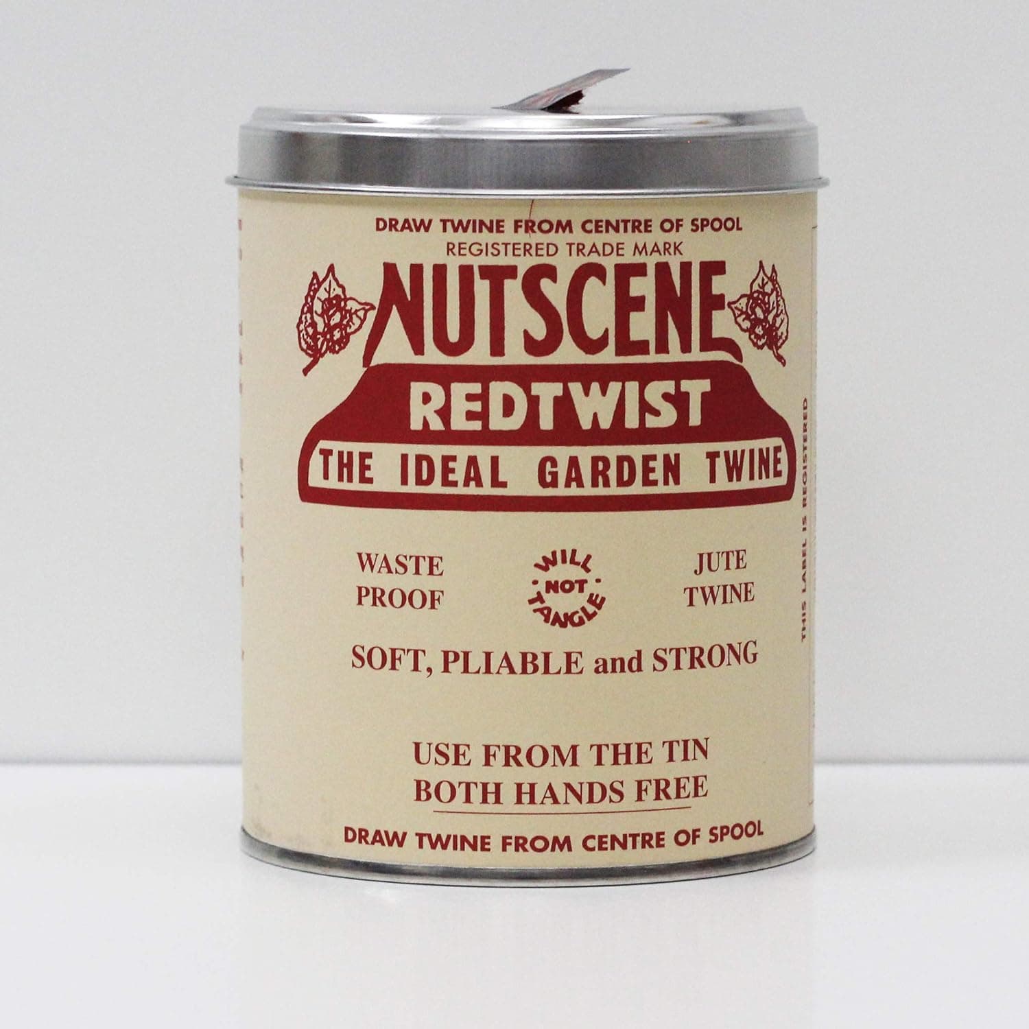 Nancy Nikko NUTSCENE Iconic Tin (Tin ‘O’ Twine) with Their Heritage Scottish Jute Twine and Hole in Top for Easy Dispensing. 14 Colors to Choose from. 164 Yards. (Red)