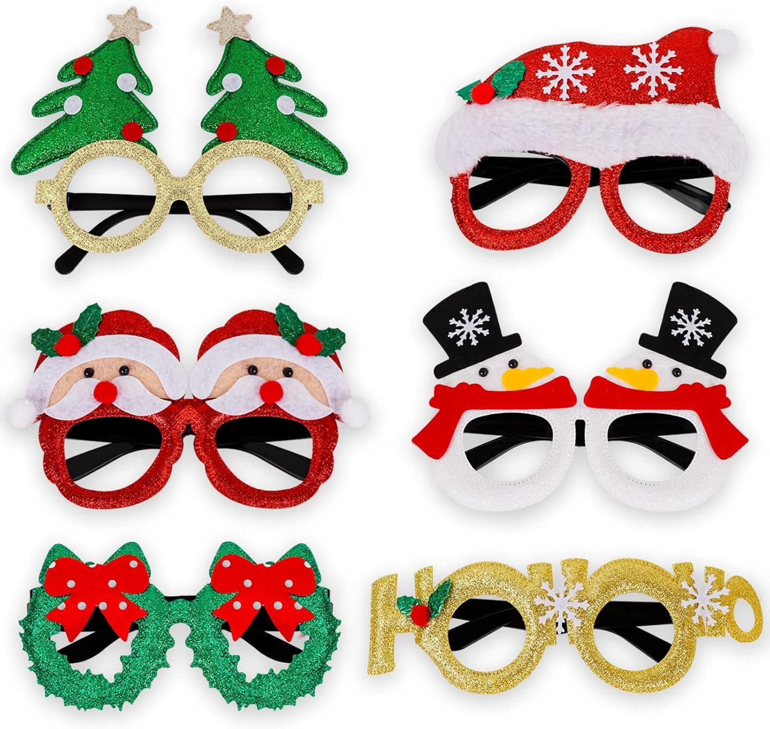 FGSAEOR Christmas Glasses Frames, 6 Pack Christmas Photo Booth Props for Taking Pictures, Stocking Stuffers, One Size Fits All Glitter Eyeglasses for Christmas Decor, Party Favors, Holiday Supplies