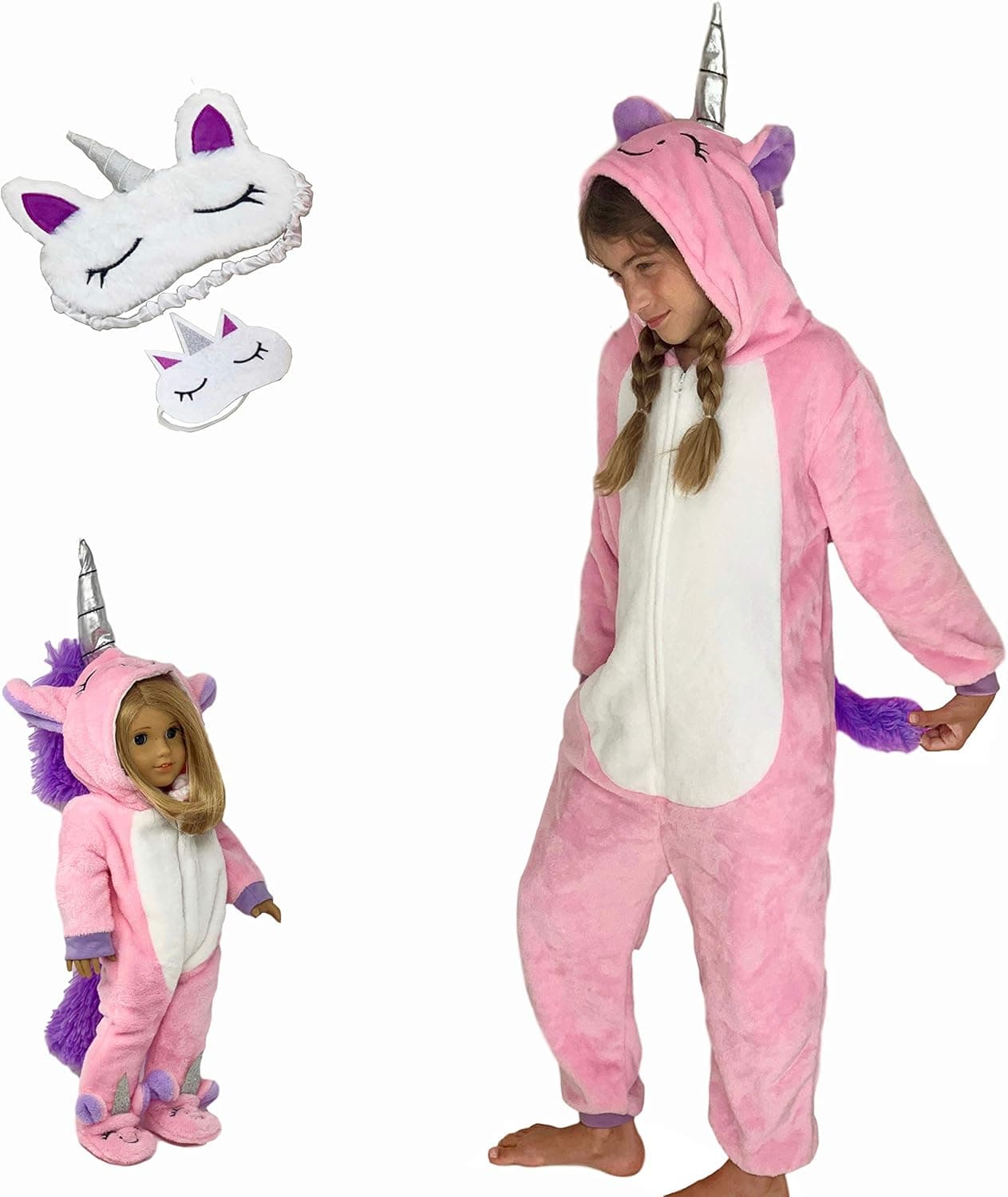 MY GENIUS DOLLS Unicorn Matching Onesie Pajamas and Sleepmasks - Fits Girl and 18 inch Doll Like American (Doll Not Included)
