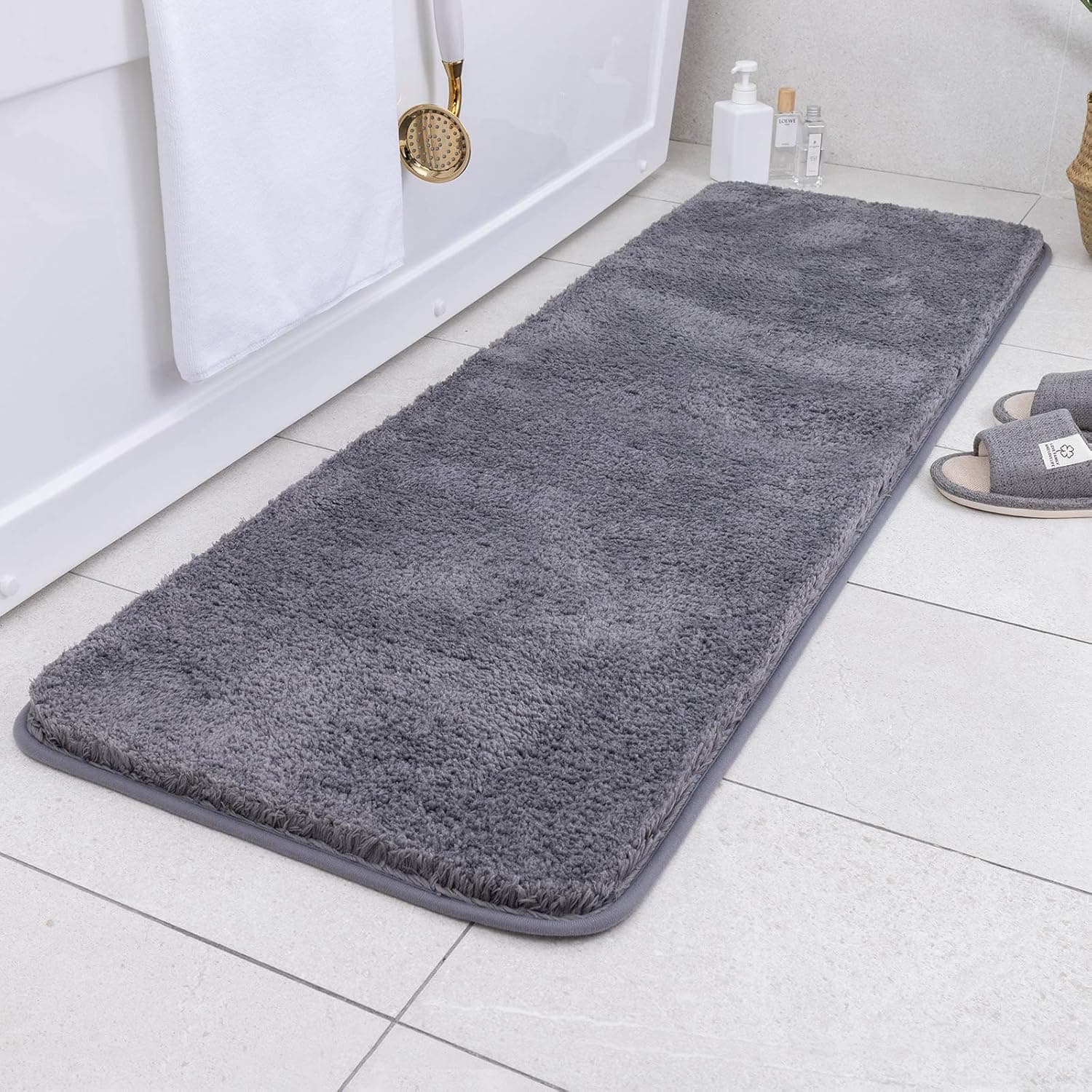Asrug Bathroom Rug Bath Mat Non Slip Shower Shaggy Floors Mat Water Absorbent Plush Machine Washable Soft Mirofiber Carpet, Dark Grey, 20"x59"