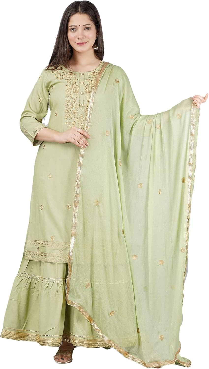 miss fame Women's Embroidered Kurta with Sharara and Dupatta