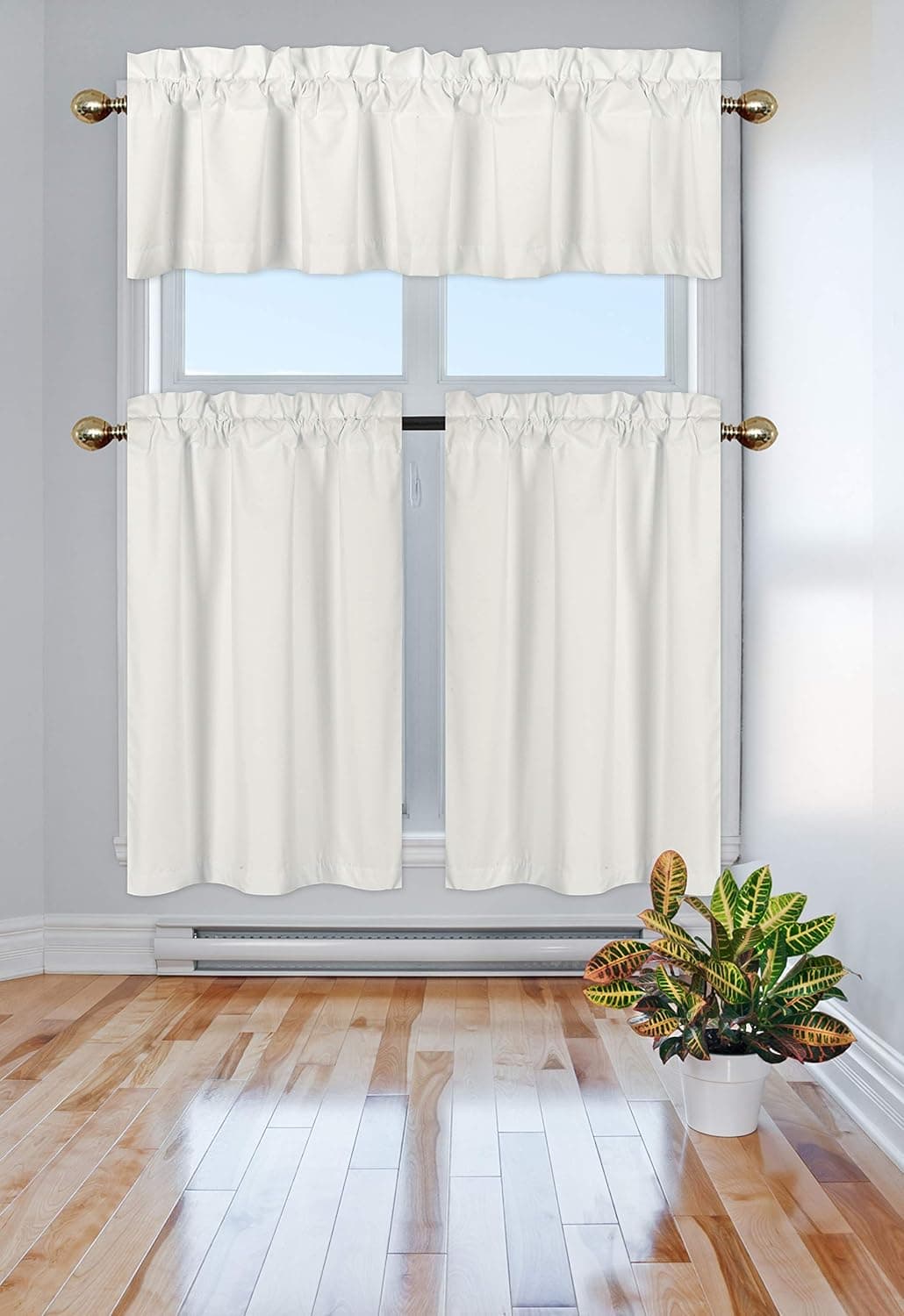 Elegant Home Collection 3 Piece Solid Color 90% Blackout Kitchen Window Curtain Set with Tiers and Valance Solid Thermal Room Darkening Drape Window Treatment # R3 MF (Iovry)