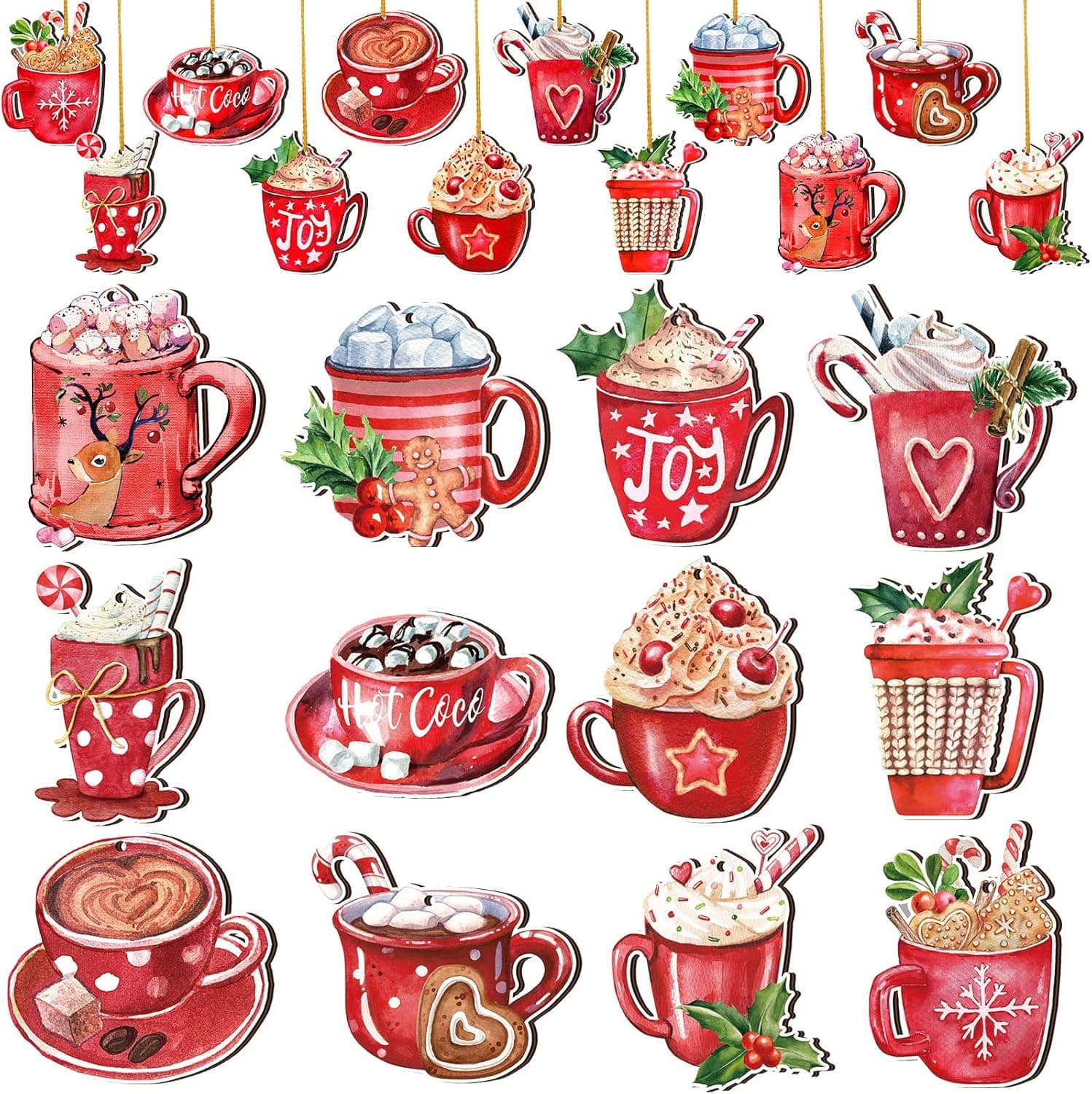 BBTO Pieces Christmas Hot Cocoa Wood Ornaments with Rope Christmas Hanging Decoration Red Cafe Cup Ornaments Coffee Bar Ornaments Xmas Decoration for Tree Home