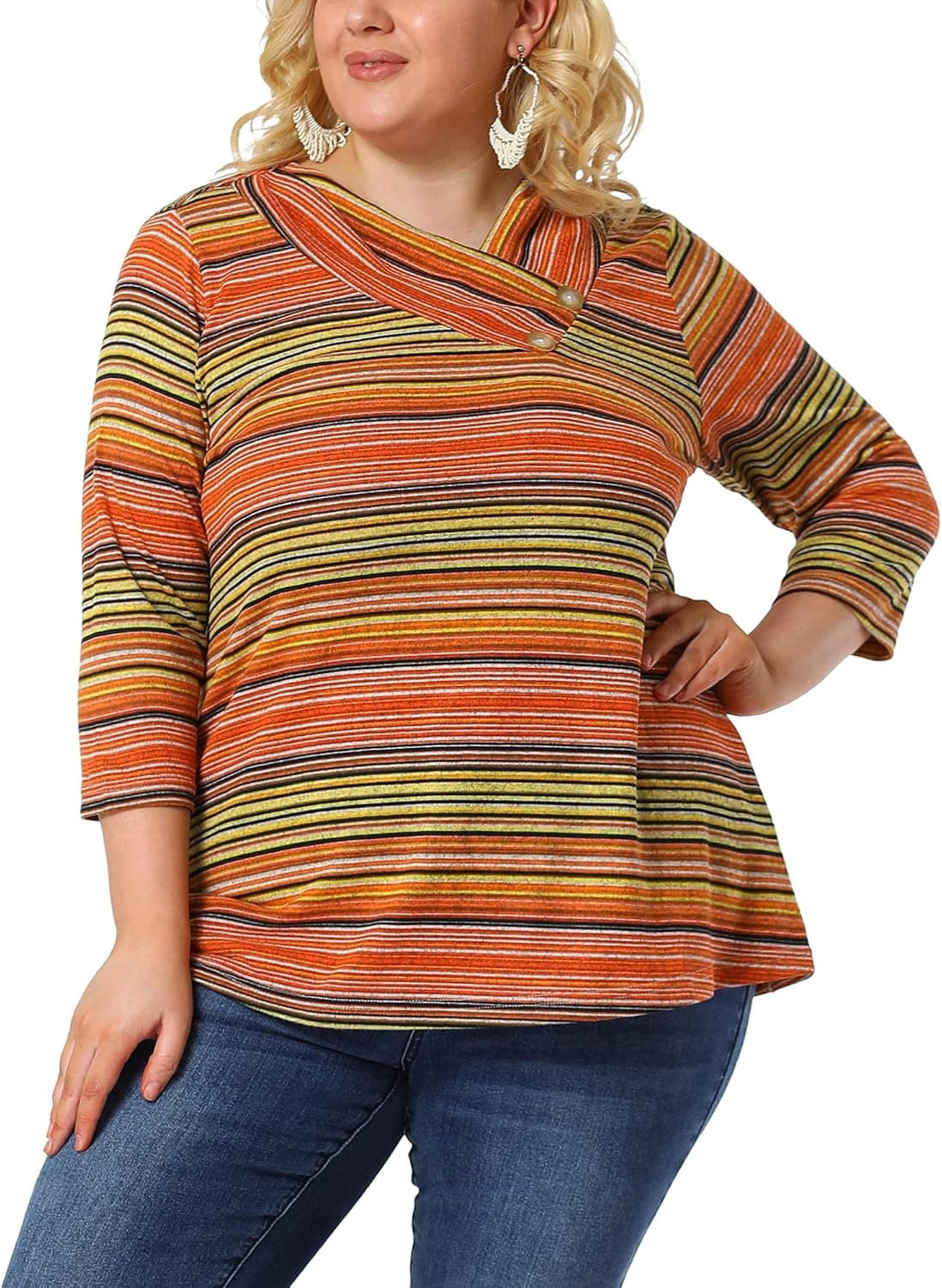 Agnes Orinda Women's Plus Size Tee Shirt Stripe Boho 3/4 Sleeve Tunic Top V Neck Knit Blouse