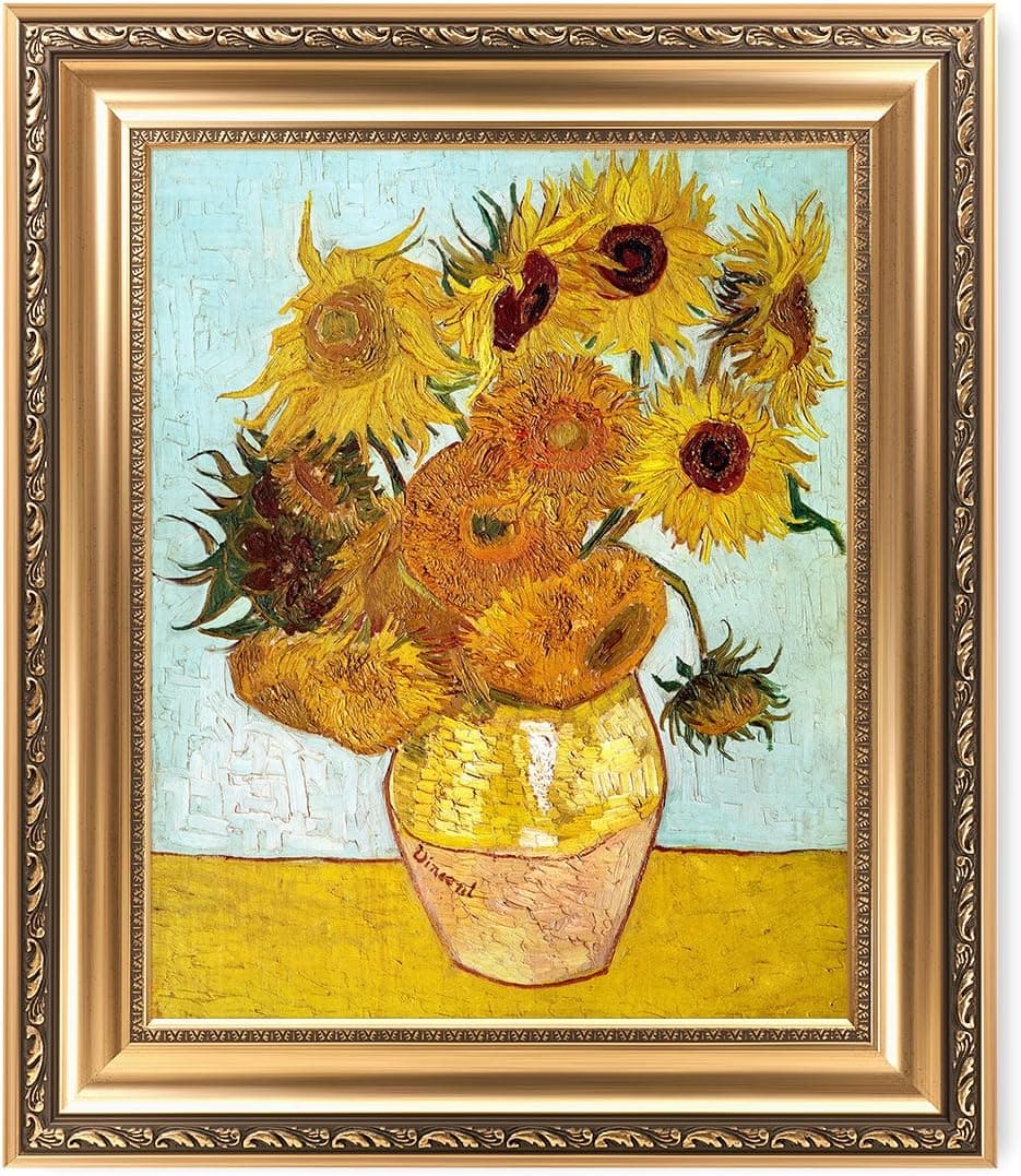 DECORARTS - Twelve Sunflowers, Vincent Van Gogh Art Reproduction. Giclee Prints Match with Golden Framed for Wall Decor. Picture Size: 20x16 in, Framed Size: 26x22 in