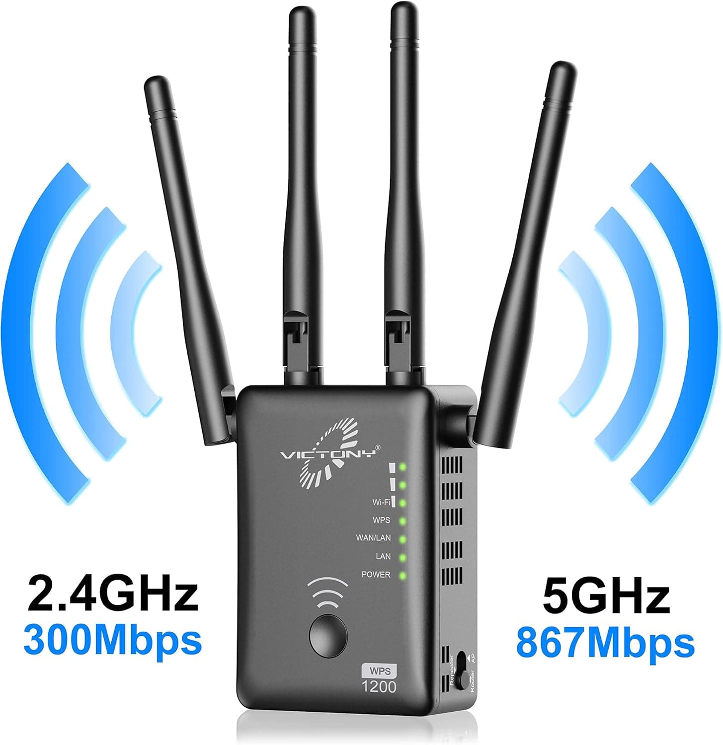 VICTONY 1200Mbps WiFi Repeater for 2.4G and 5G WiFi Signal Booster with 4 High Gain External Antennas 360 Degree WiFi Range Extender