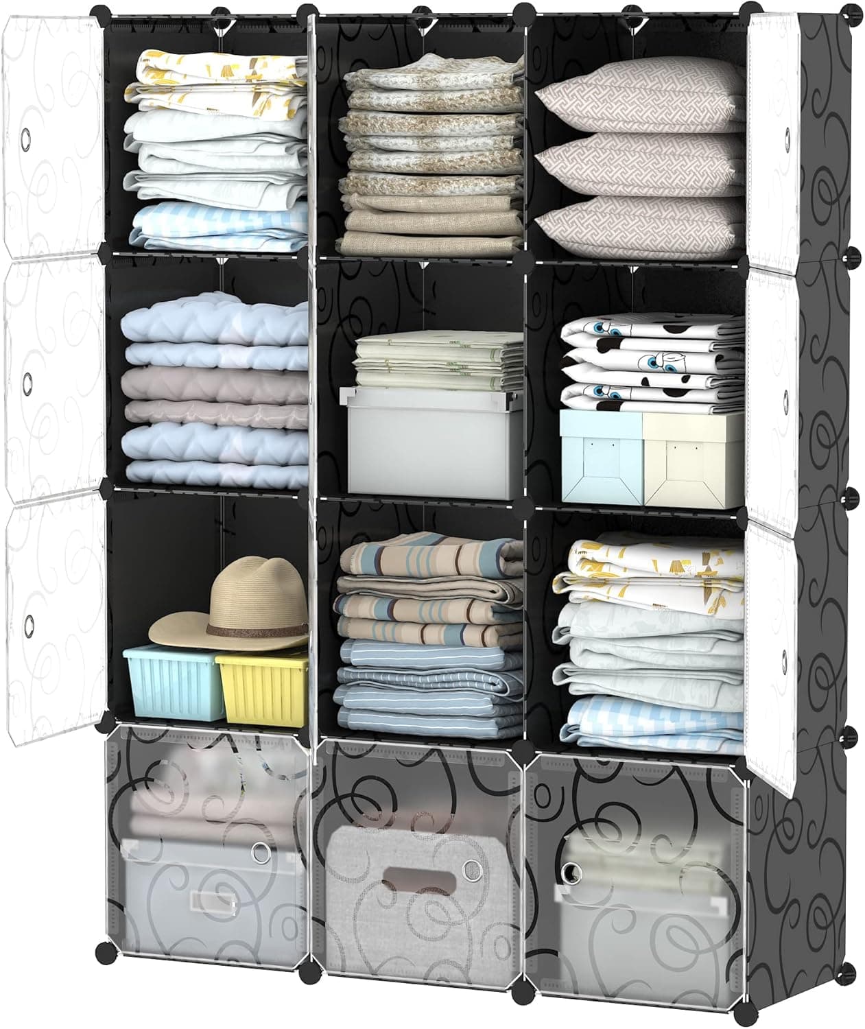 Wolizom Portable 12-Cube Storage Organizer - 14" × 14" Closet Shelves with Doors, Modular Storage Shelves, DIY Plastic Bookshelf Cabinet for Bedroom, Office, Living Room, Black (3 × 4 Cubes)