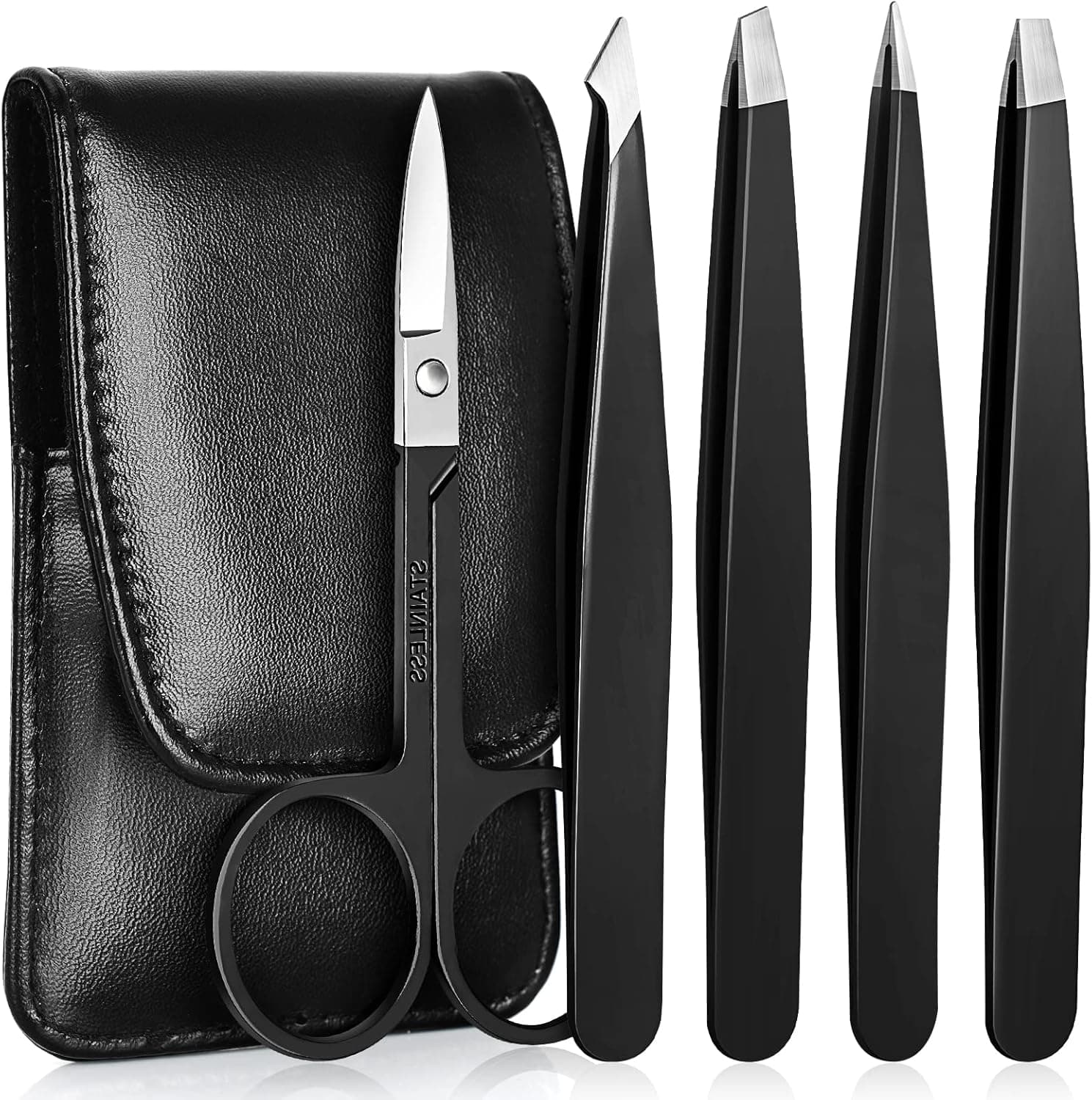 Tweezers for Women, POPCHOSE Tweezer Set - 5pcs Eyebrow Tweezers Precision for Ingrown Hair, Splinter, Facial Hair Removal, Tweezer for Men Plucker with Leather Case and Curved Scissors, Black