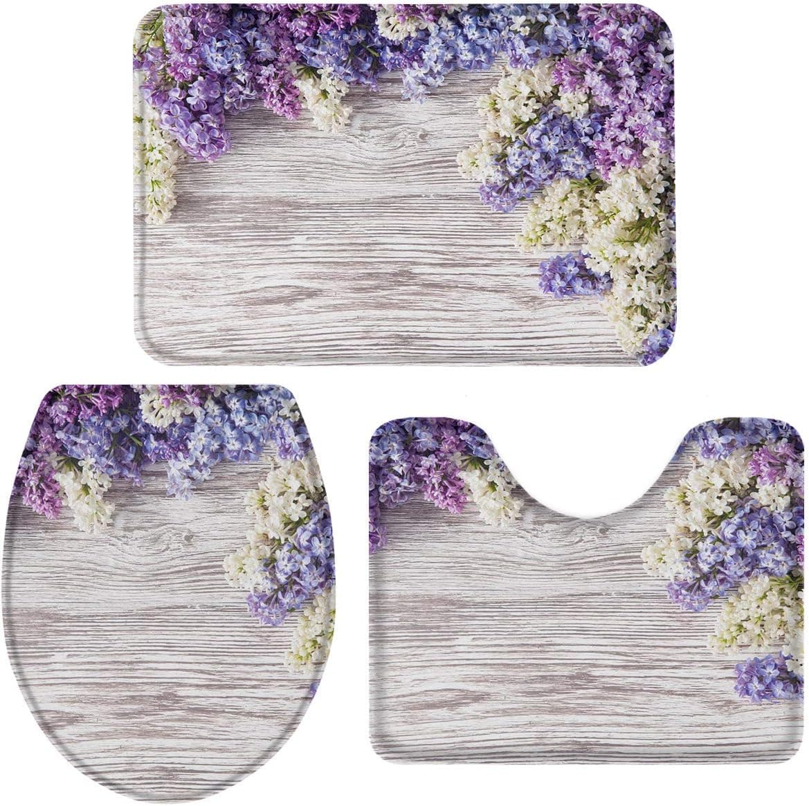 ZOE GARDEN 3 PCS Toilet Seat Bathroom Rugs, Lilac Flowers on The Wood Board - Memory Foam Bath Rug Contour Mat Lid Cover Non-Slip with Rubber Backing Doormat 20"x32"+16"x20"+16"x18"
