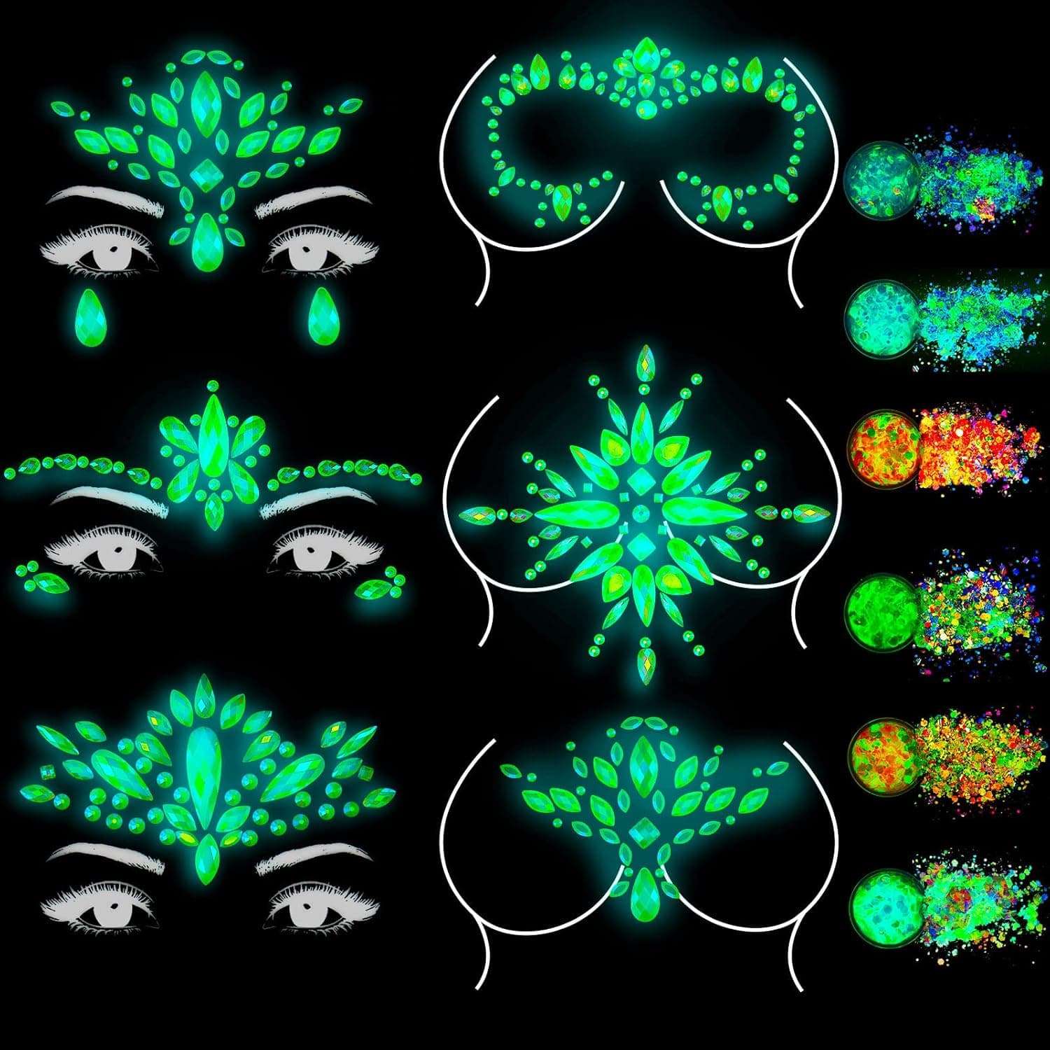 12 Pcs Glow in The Dark Face Gems Glow Body Glitter Luminous Rhinestone Temporary Tattoo Fluorescent Face Body Stickers Iridescent Chunky Glitter for Halloween Carnival Party Makeup