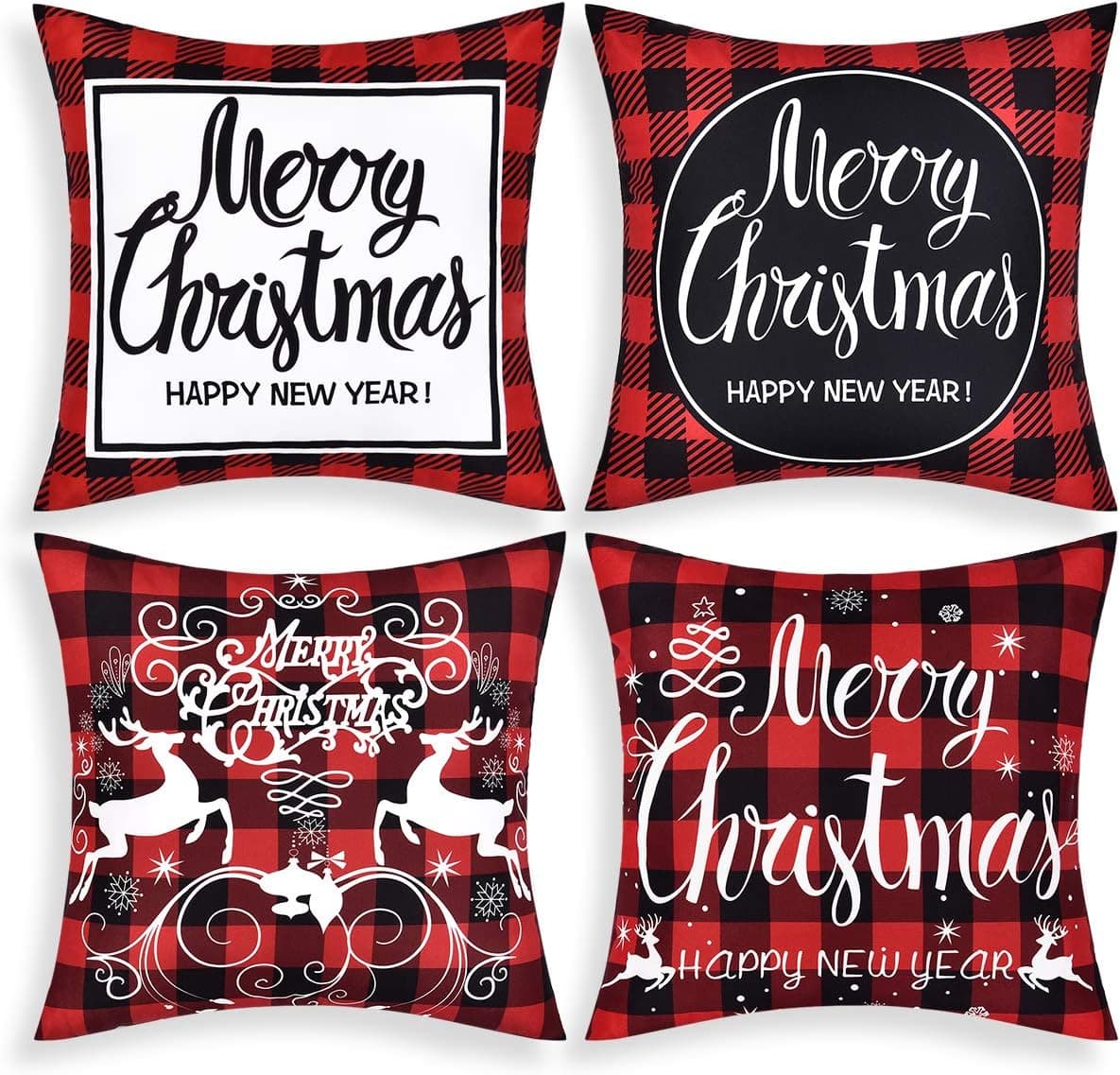 BLEUM CADE Merry Christmas Throw Pillow Covers Black Red Buffalo Check Plaid Pillow Covers Set of 4 Christmas Deer Decorative Cushion Covers for Sofa Couch Bed Car 18x18 Inch