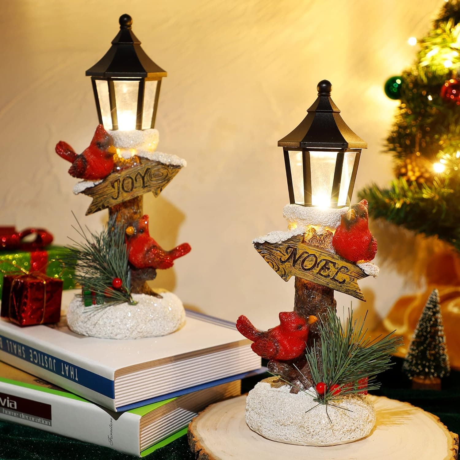 Glintoper 2 Pack Christmas Lighted Table Decorations, Tabletop Figurine, Battery Operated (Red Cardinal)