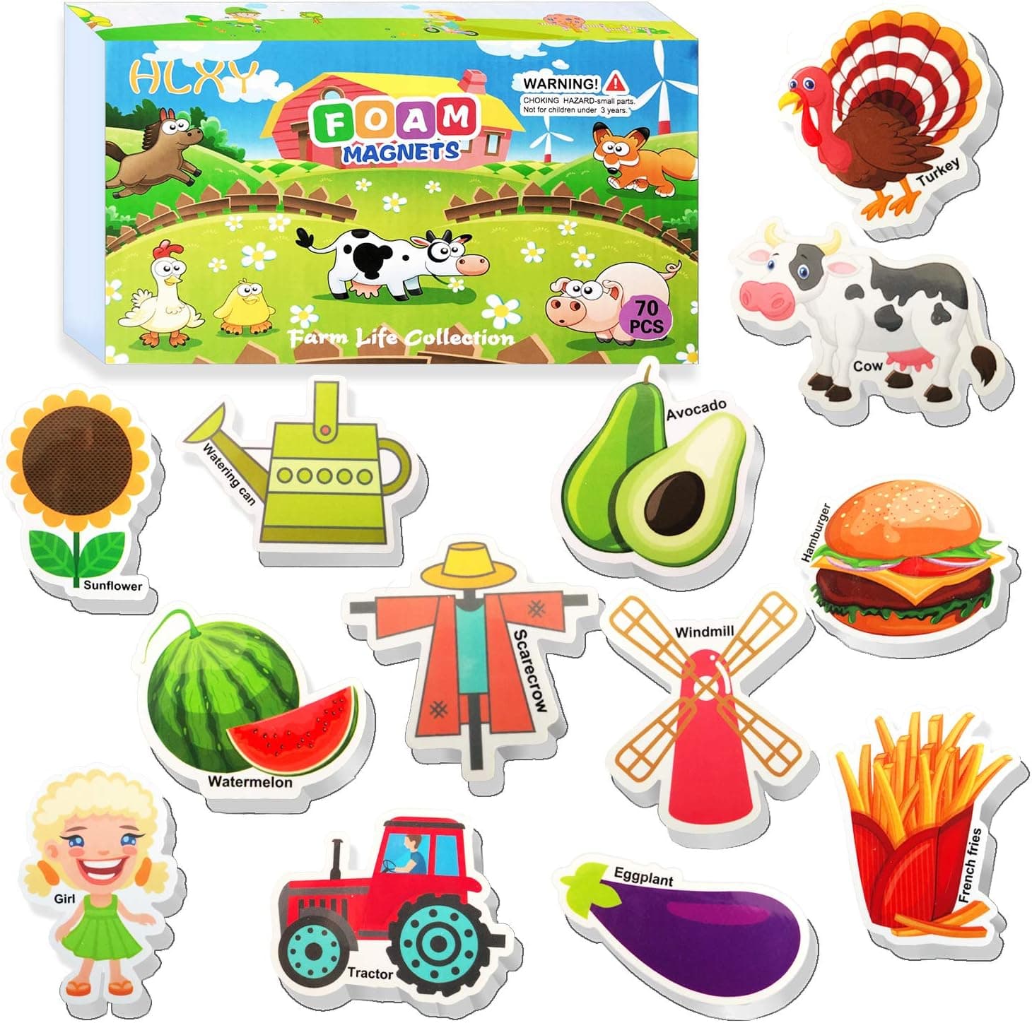 HLXY Educational Toys Fridge Magnets for Kids Toddlers Set of 70 Farm Animal Magnets - Foam Magnets - Fruit Vegetables Food Magnets - Developmental Baby Toddlers Early Learning Toys