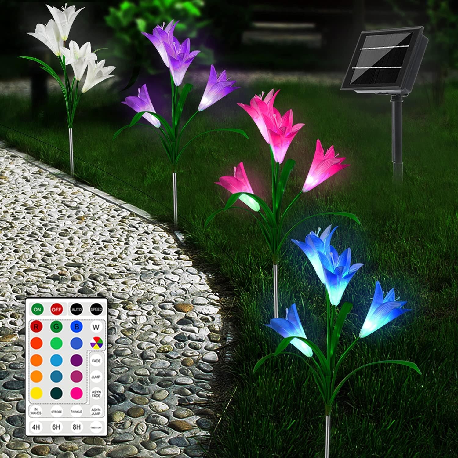 16 Colors Solar Garden Lights Outdoor Decorative, 4 Pack 7 Modes Color Changing Solar Flower Lights Waterproof with Remote, Lily Flower Solar Outdoor Lights for Garden, Pathway, Lawn, Farm, Yard Decor