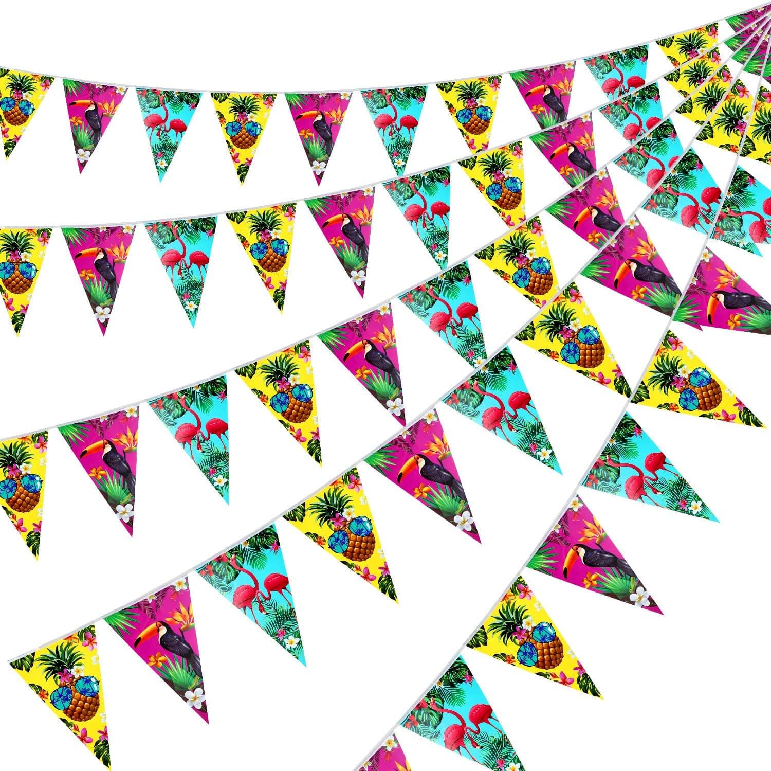 5 Pieces Summer Banners Hawaiian Bunting Banners Luau Tropical Flag Pennant Banner for Summer Luau Tiki Beach Birthday Party Decoration Supplies, 3 Meters Each Piece