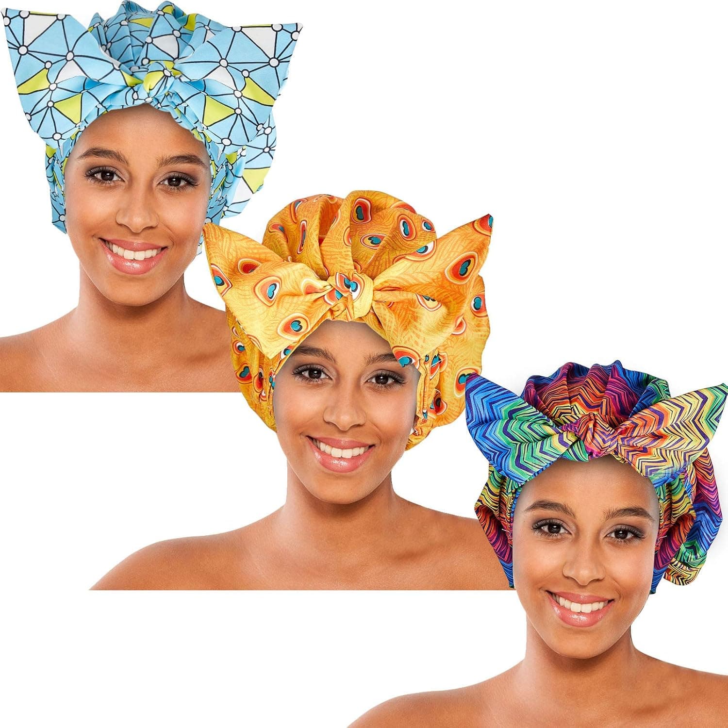 3 Pieces Shower Caps for Women Waterproof Satin Bonnet Bowknot Bathing Cap Reusable Sleep Hair Cap Large Sleeping Cap Hair Cover African Print Adjustable Night Bonnet Sleeping Cap