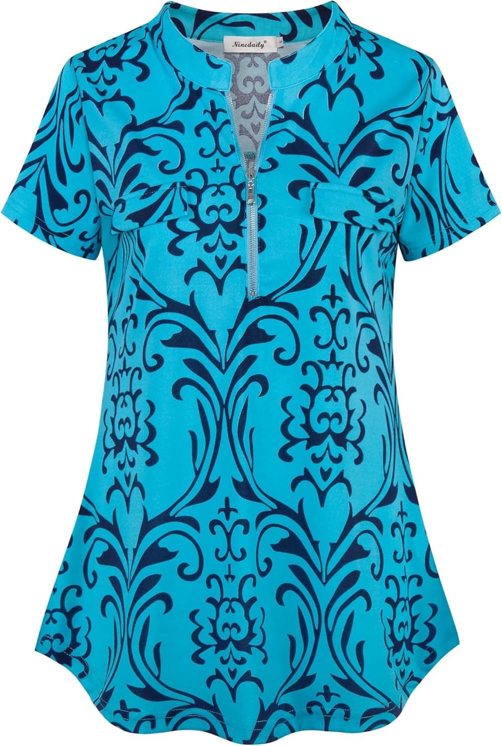 Ninedaily Women's Summer Tops Short Sleeve Casual Blouse Zip Floral Tunic Shirts