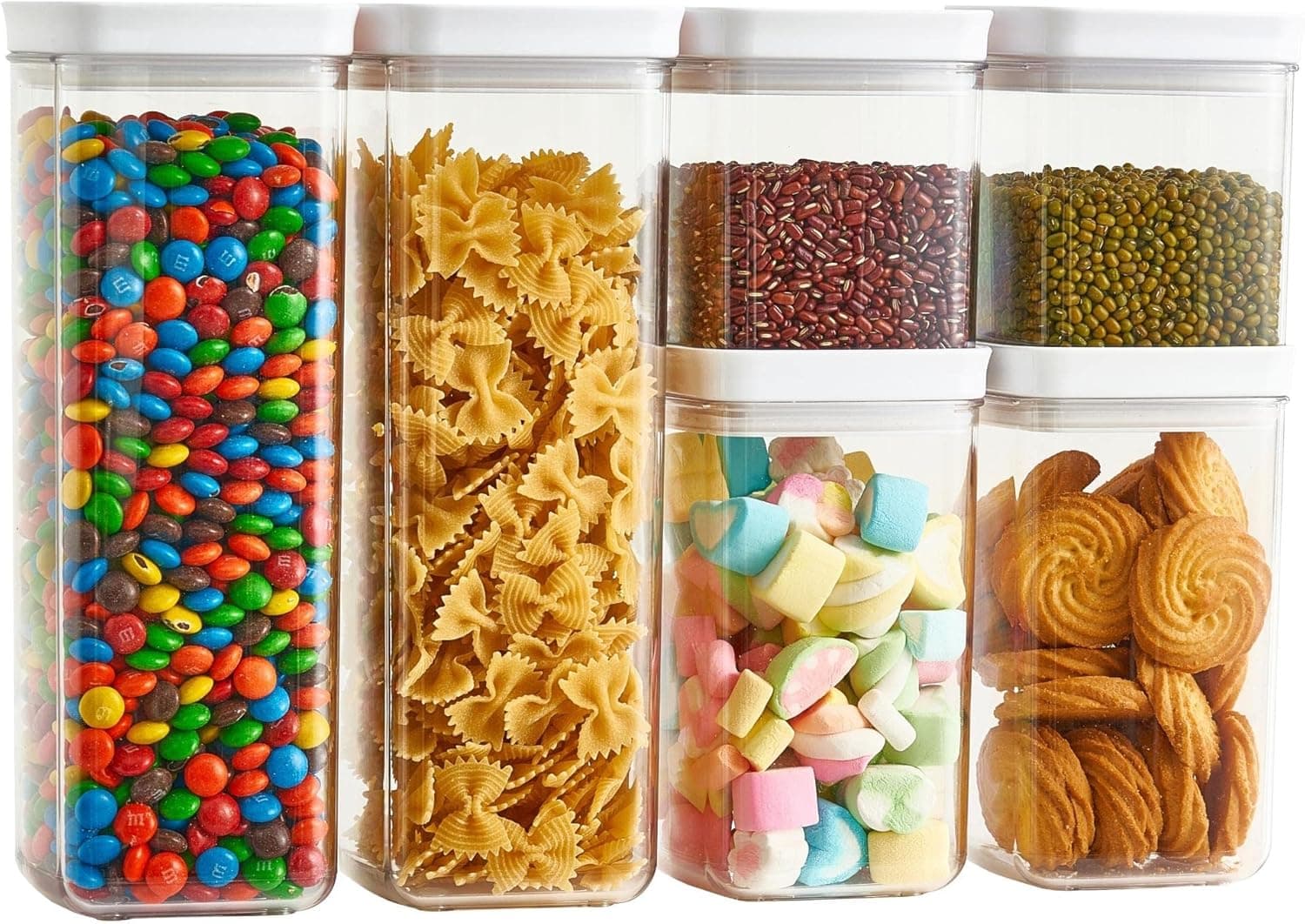 vacane Food Storage Container Set 6 Pack Clear Plastic Airtight Jar, Kitchen Pantry Organization Containers for Spaghetti Flour, Sugar, Nuts, Cookie, BPA Free
