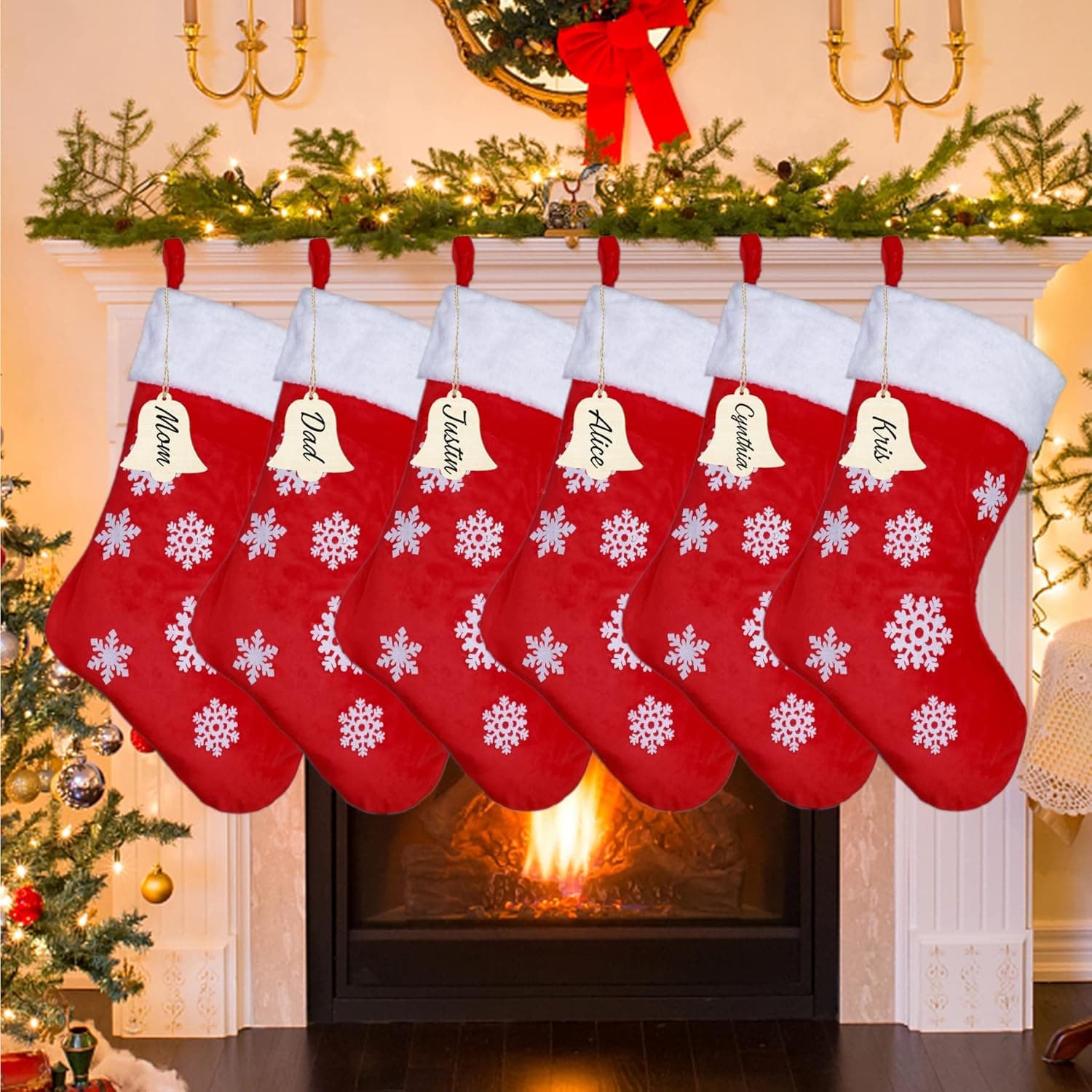 Christmas Stockings 18" 6 Pack with Wooden Name Tags Christmas Red Stocking Plush Classic Party Favors Stockings for Family Holiday Christmas Party Decorations