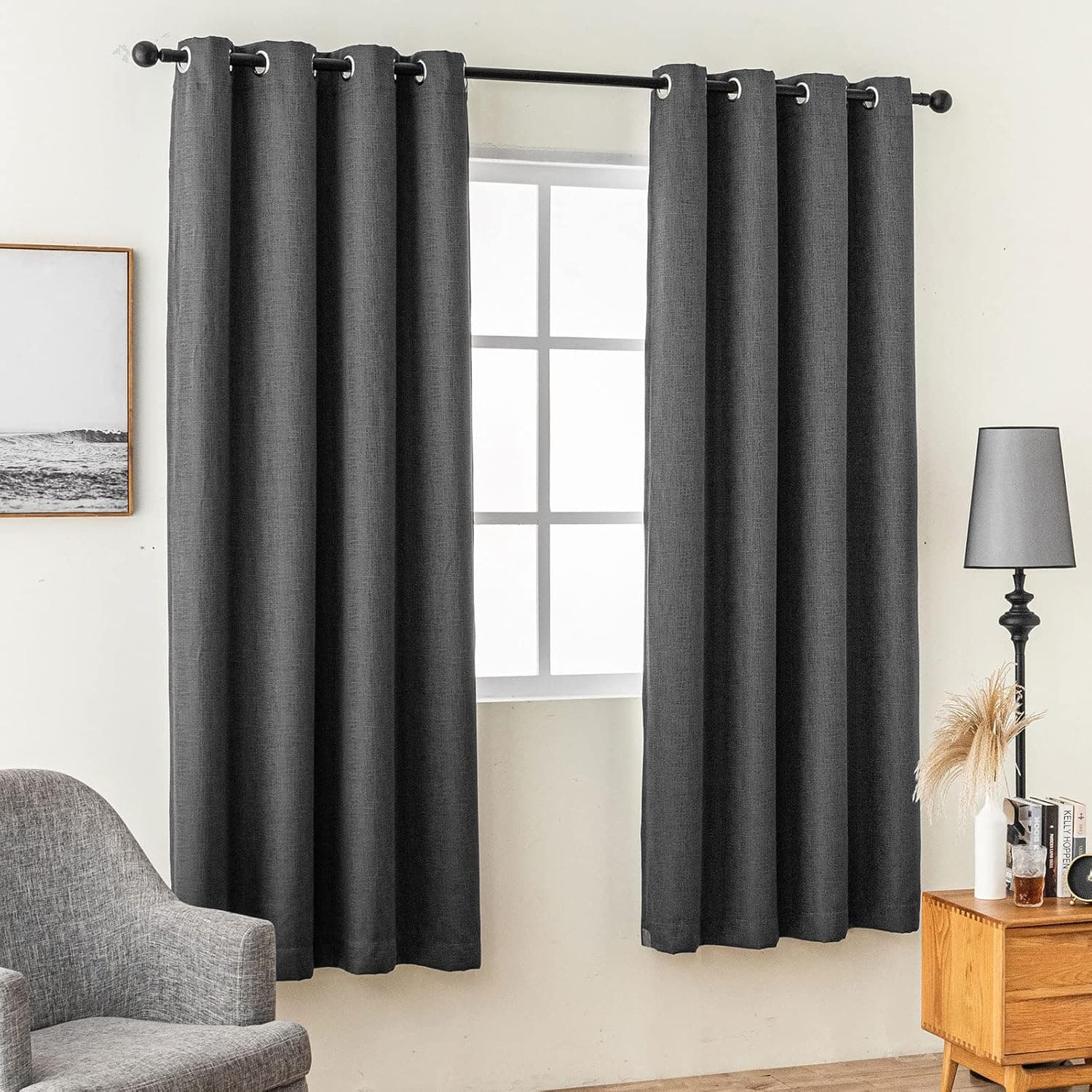 100% Blackout Curtain 63 Inches Long Thermal Insulated Blackout Curtains Faux Linen Heat and Full Light Blocking Drapes Anti-Rust Grommet for Bedroom Kitchen, Black, 2 Panels, 42 inches Wide