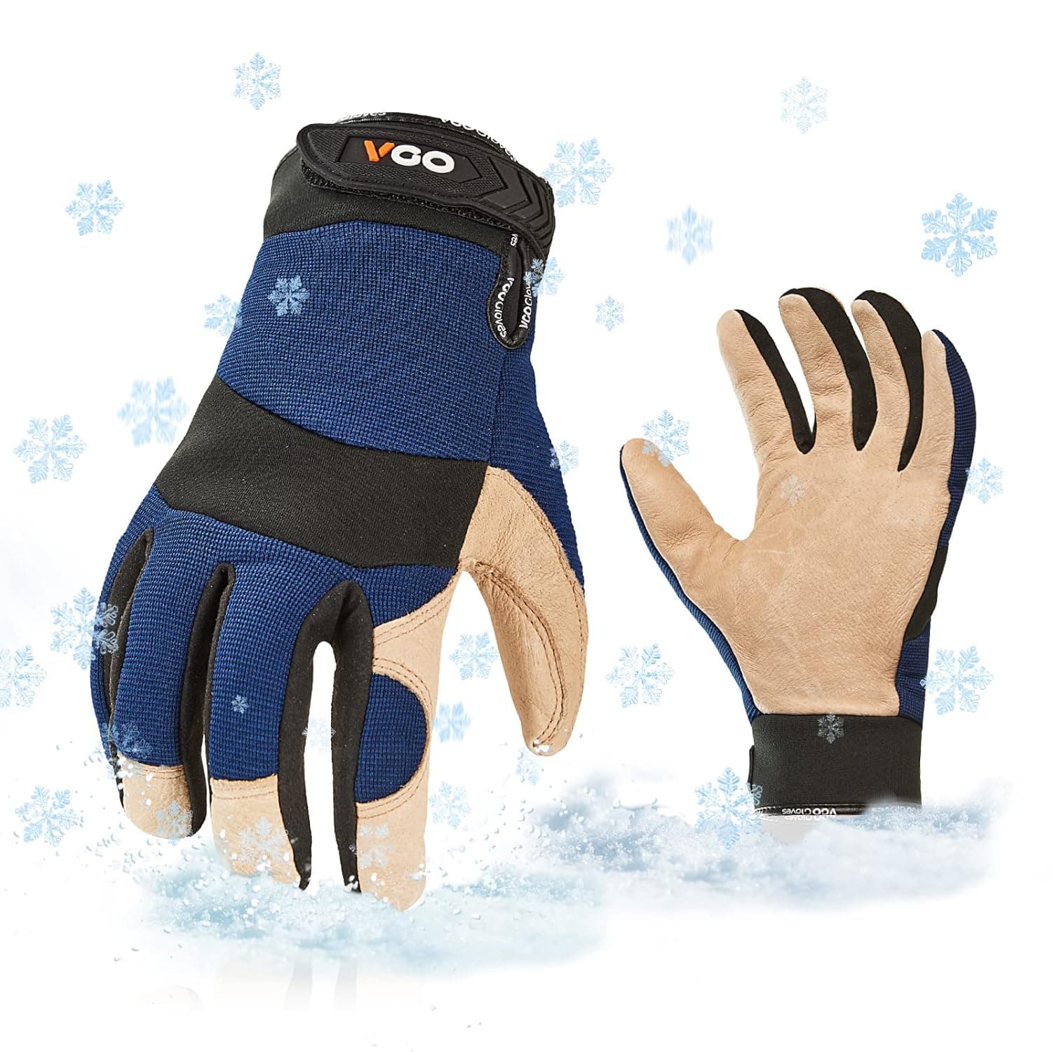 Vgo... 1-Pair 32℉ or above Lined Pigskin Leather Warm Winter Cold Storage Frozen Safety Working Gloves(Size L,Blue,PA7620F)