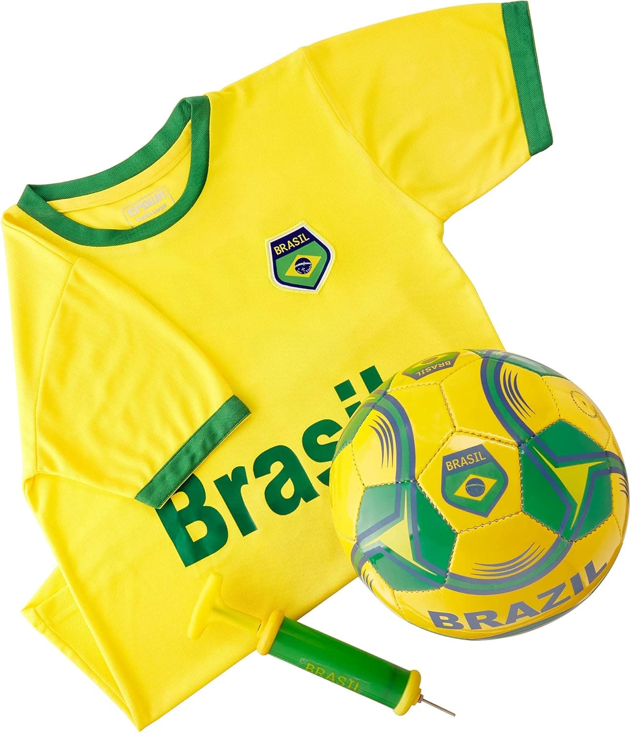 Brazil National Team Kids Soccer Kit | Kit Includes a Jersey, Shorts, and Soccer Ball Adorned with Green and Yellow Design