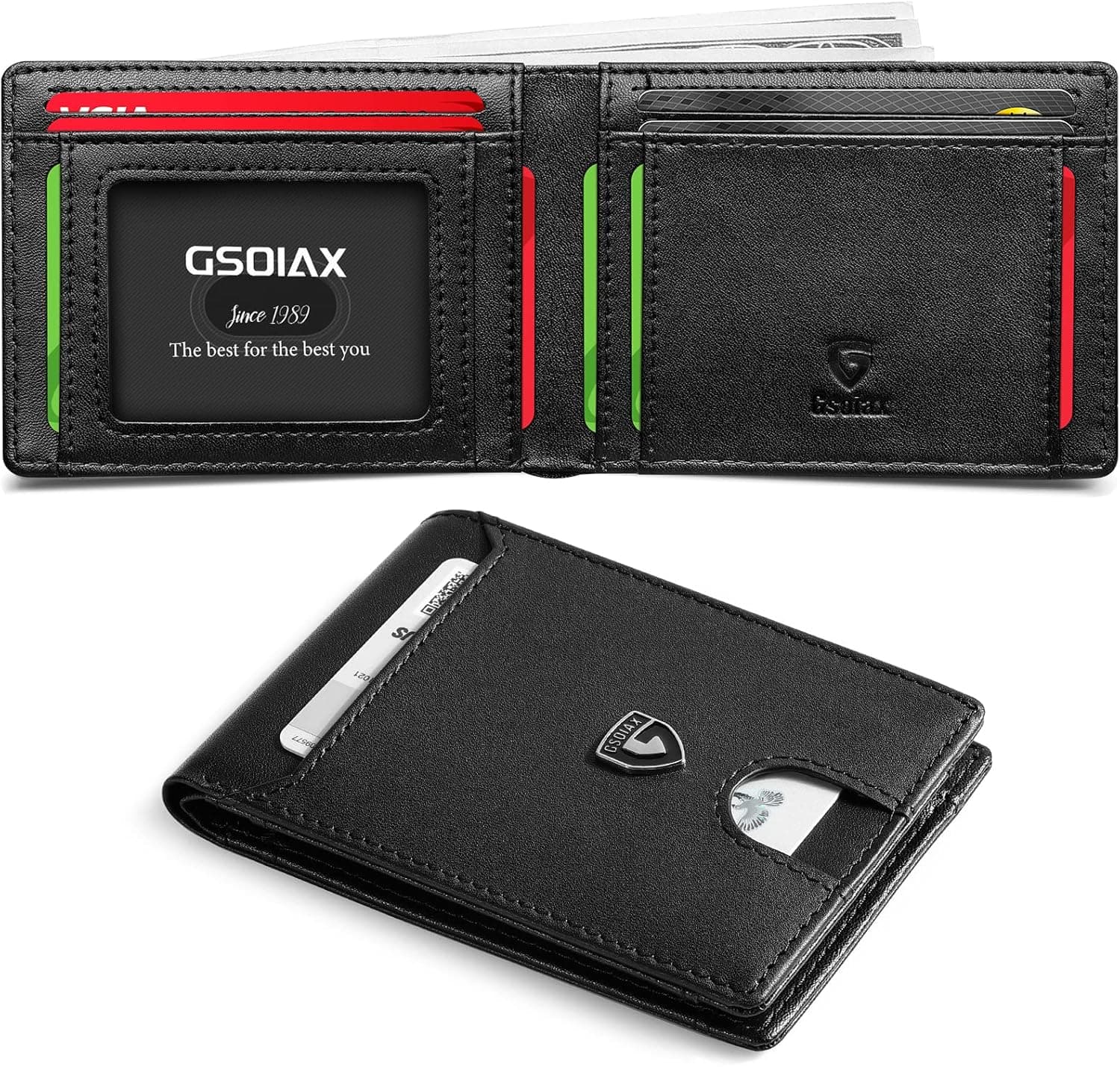 GSOIAX Mens Slim Wallet RFID Blocking Bifold Carbon Fiber Thin wallets for men Minimalist Genuine Leather Card Holder Money Clip with Gift Box (Black-1)