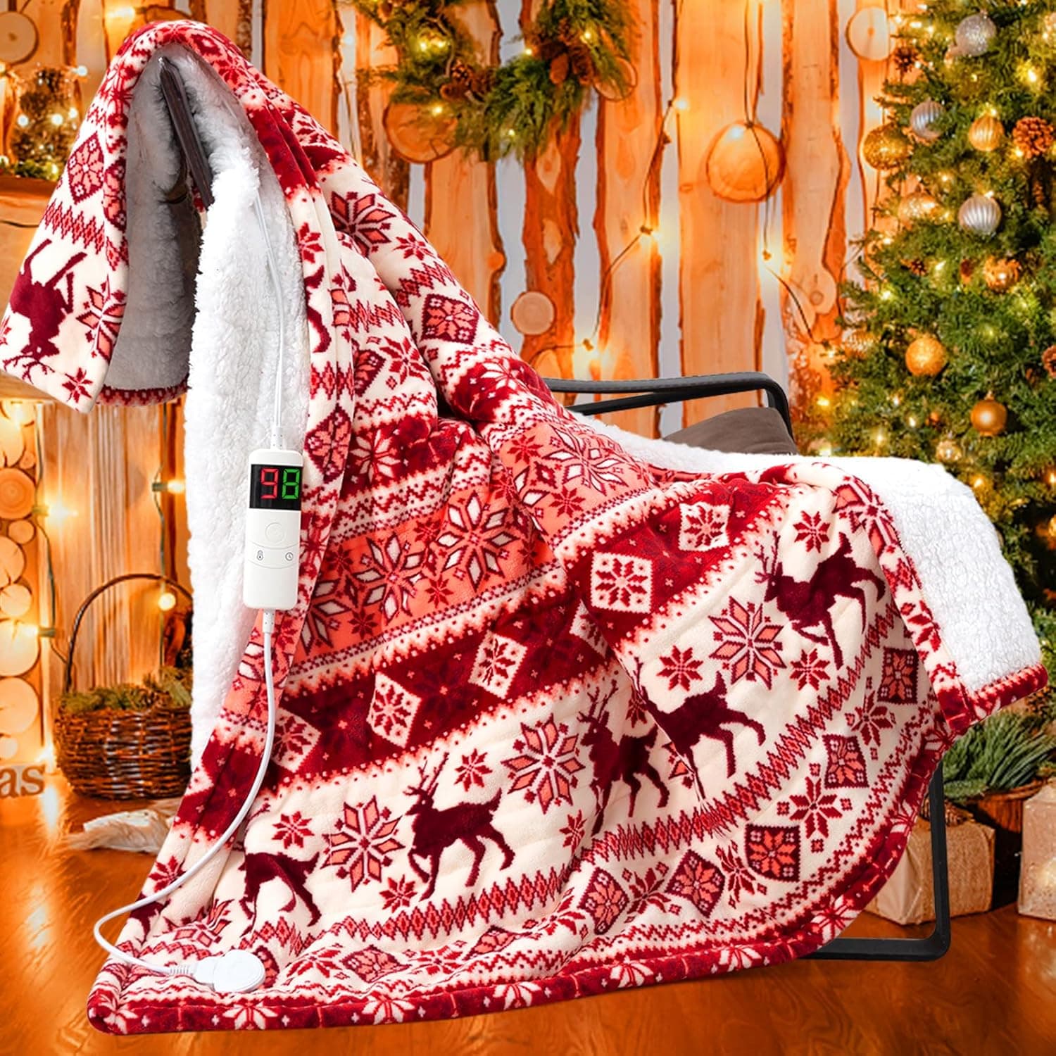 RUJIPO Christmas Electric Blanket Heated Throw(Red 50” x62”) 5 Min Fast Heating Blanket, 5 Timer Auto Off, 10 Heat Level Sherpa Flannel Full Body Warm Blanket of Electric Protection, Washable