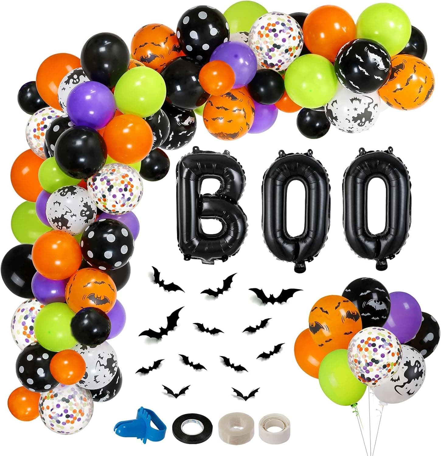 138Pcs Halloween Balloons Arch Garland Kit- Orange Purple Green Black Latex Confetti Balloons BOO Foil Balloon and 3D PVC Bat Decorations, Halloween Balloon Garland Flying Bats Halloween Decorations
