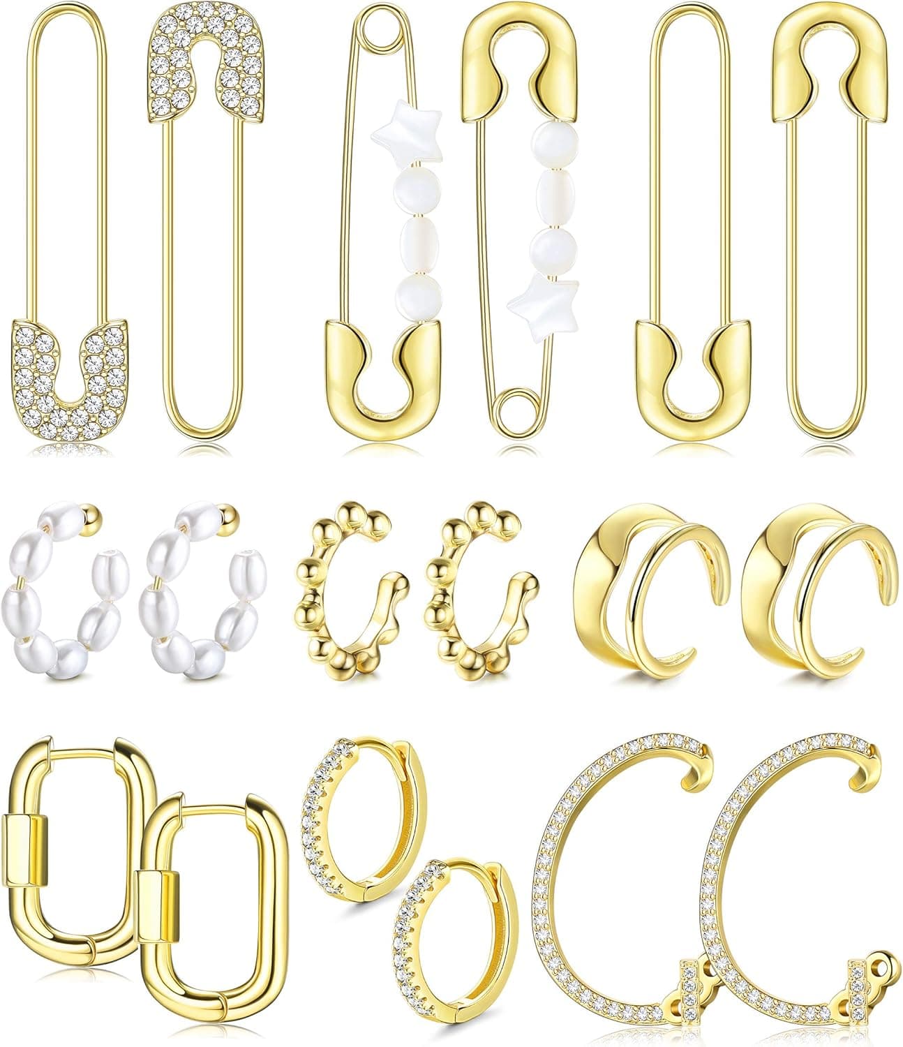 JOERICA 9 Pairs 14k Gold Plated Chunky Hoop Earrings for Women Cartilage Ear Cuff Helix Earrings Cubic Zirconia Paper Clip CZ Safety Pin Earrings Set