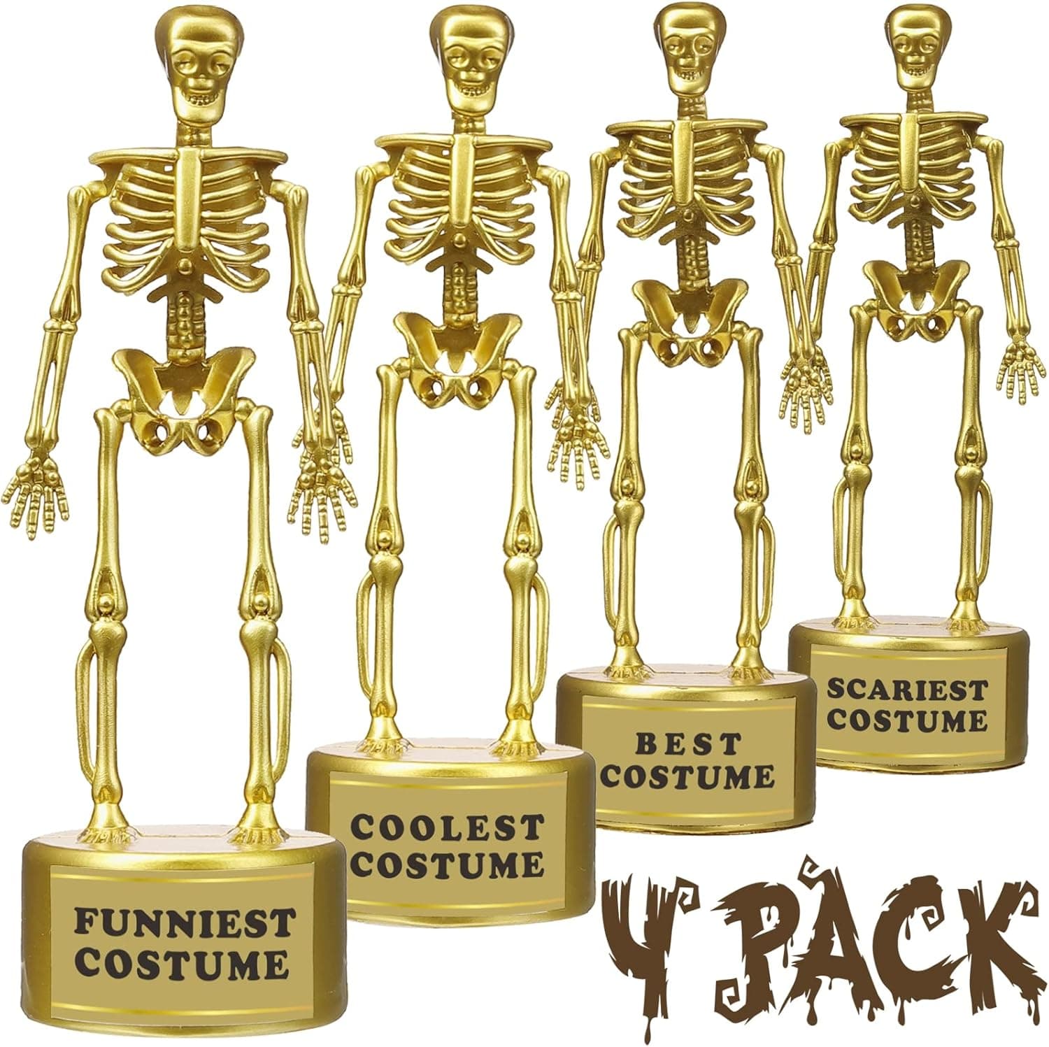 Tiston Halloween Party Supplies, 4 Pack Best Costume Skeleton Trophies, Funny Trophies with Stickers & Transparent Packing Box, Halloween Costume Contest Party Awards