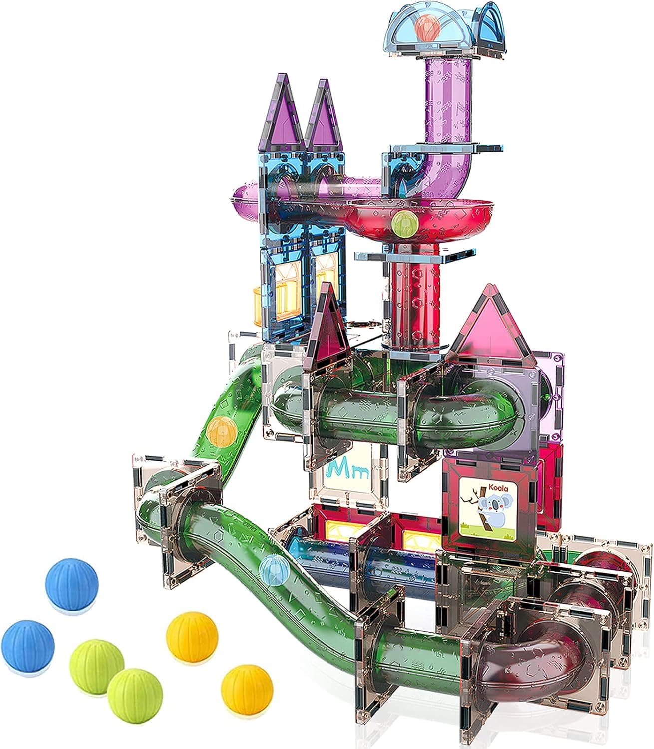 Building Blocks with Pipes Balls Tracks, 199 PCS Marble Run Magnetic Tiles, Large 3D Magnet STEM Educational & Development Toys Gift for 5 6 7 8 9 10+ Years Old Boys Girls Birthday