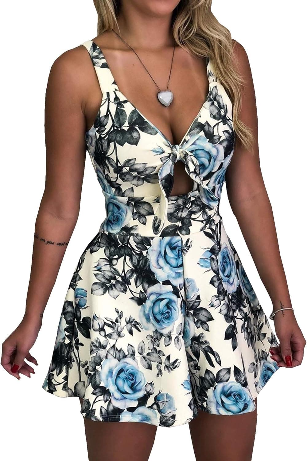 Relipop Women's Jumpsuits Floral Print Spaghetti Straps Sleeveless V Neck Front Tie Knot Rompers