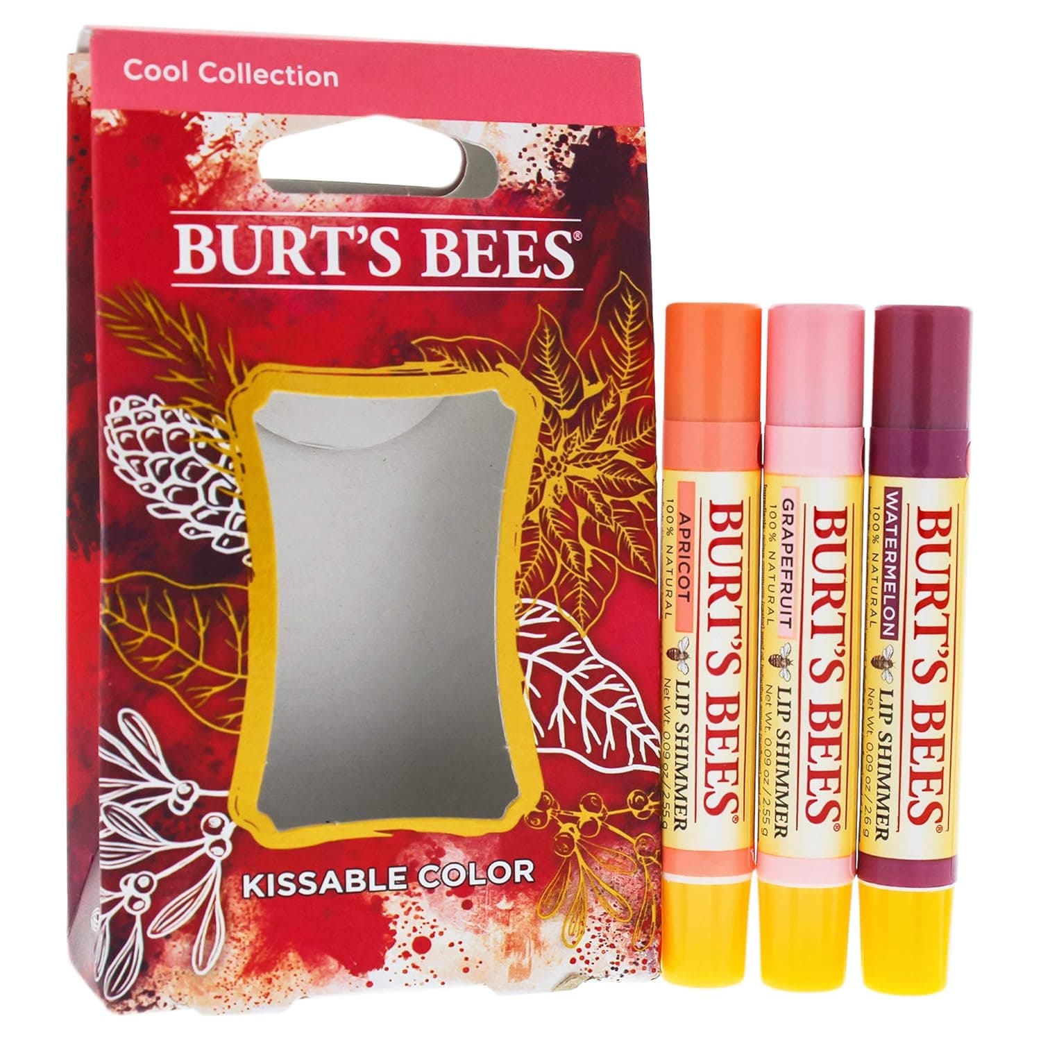 Burt's Bees Kissable Color Holiday Gift Set, 3 Lip Shimmers In Gift Box, Cool Collection In Watermelon, Apricot and Grapefruit